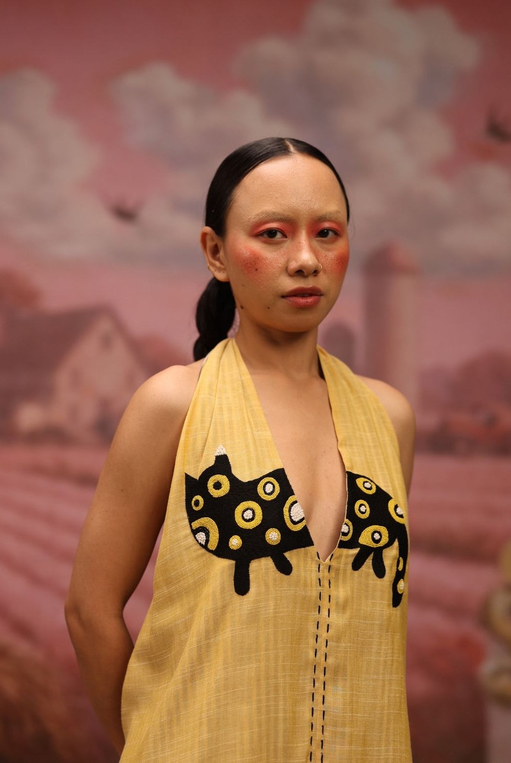 Winglore - Yellow Hand Embroiderd Slub Cotton Cat Tunic Halter Top - CiceroniTopsWinglore