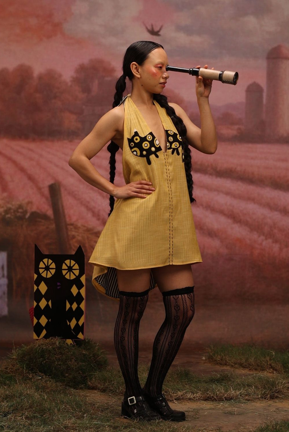 Winglore - Yellow Hand Embroiderd Slub Cotton Cat Tunic Halter Top - CiceroniTopsWinglore