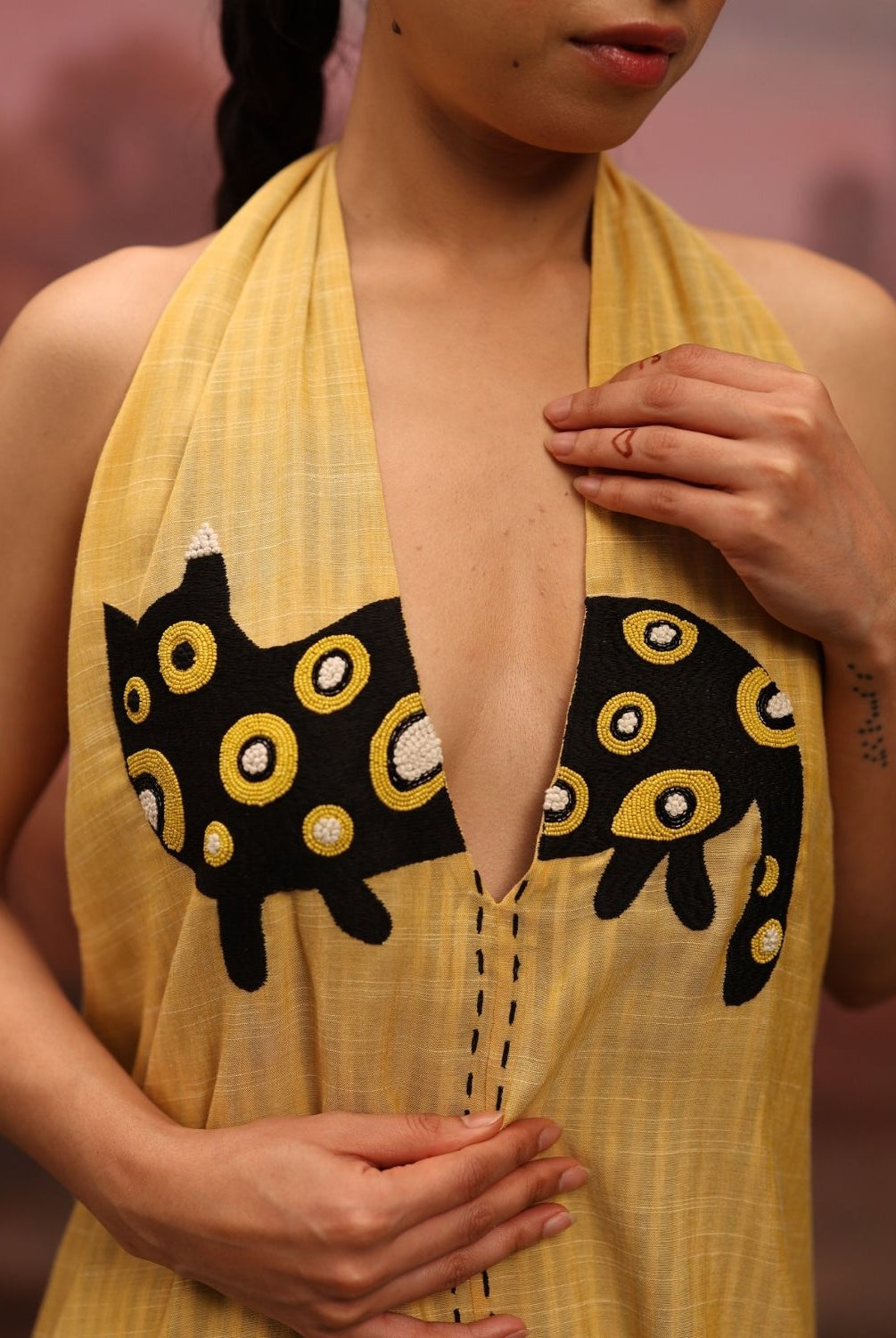Winglore - Yellow Hand Embroiderd Slub Cotton Cat Tunic Halter Top - CiceroniTopsWinglore