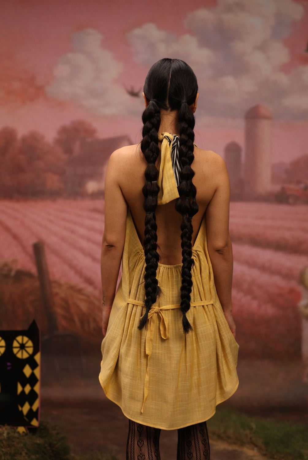 Winglore - Yellow Hand Embroiderd Slub Cotton Cat Tunic Halter Top - CiceroniTopsWinglore