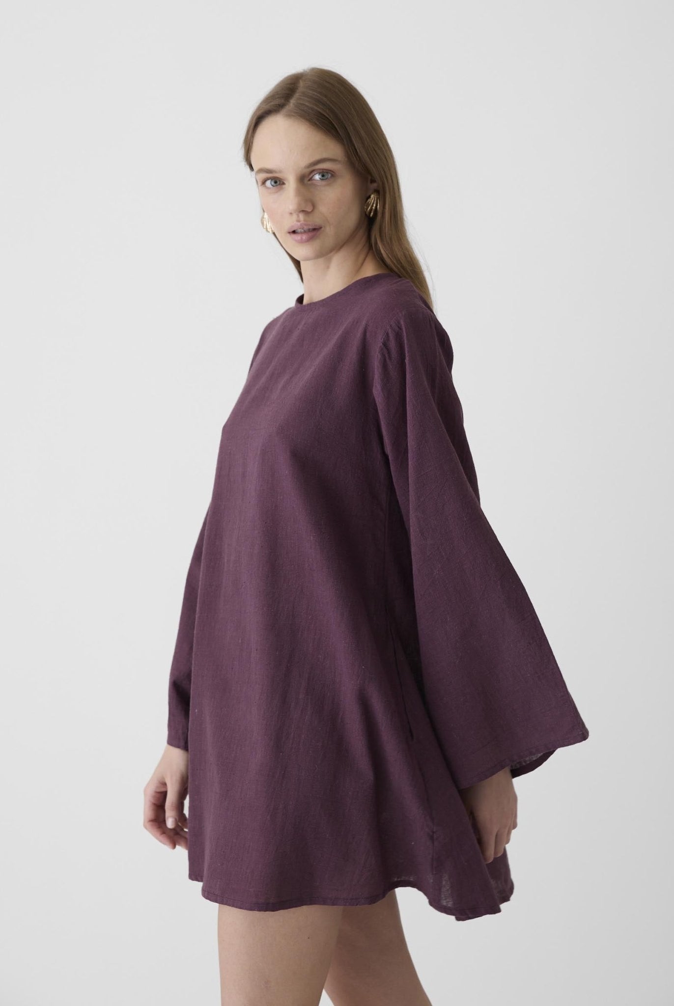 Women's Bell Sleeve Short Dress - Aubergine Purple - CiceroniDressesMareen