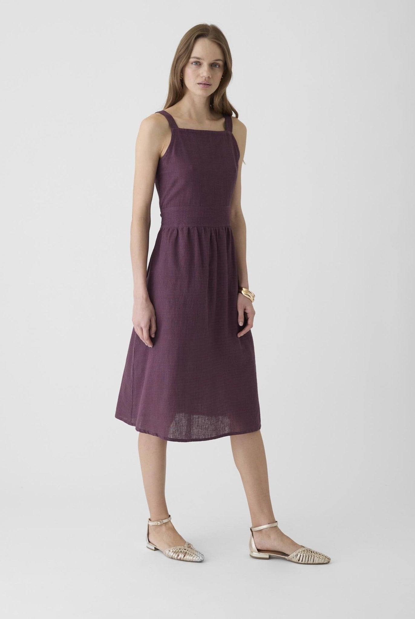 Women's Tie - Waist Midi Dress - Aubergine Purple - CiceroniDressesMareen