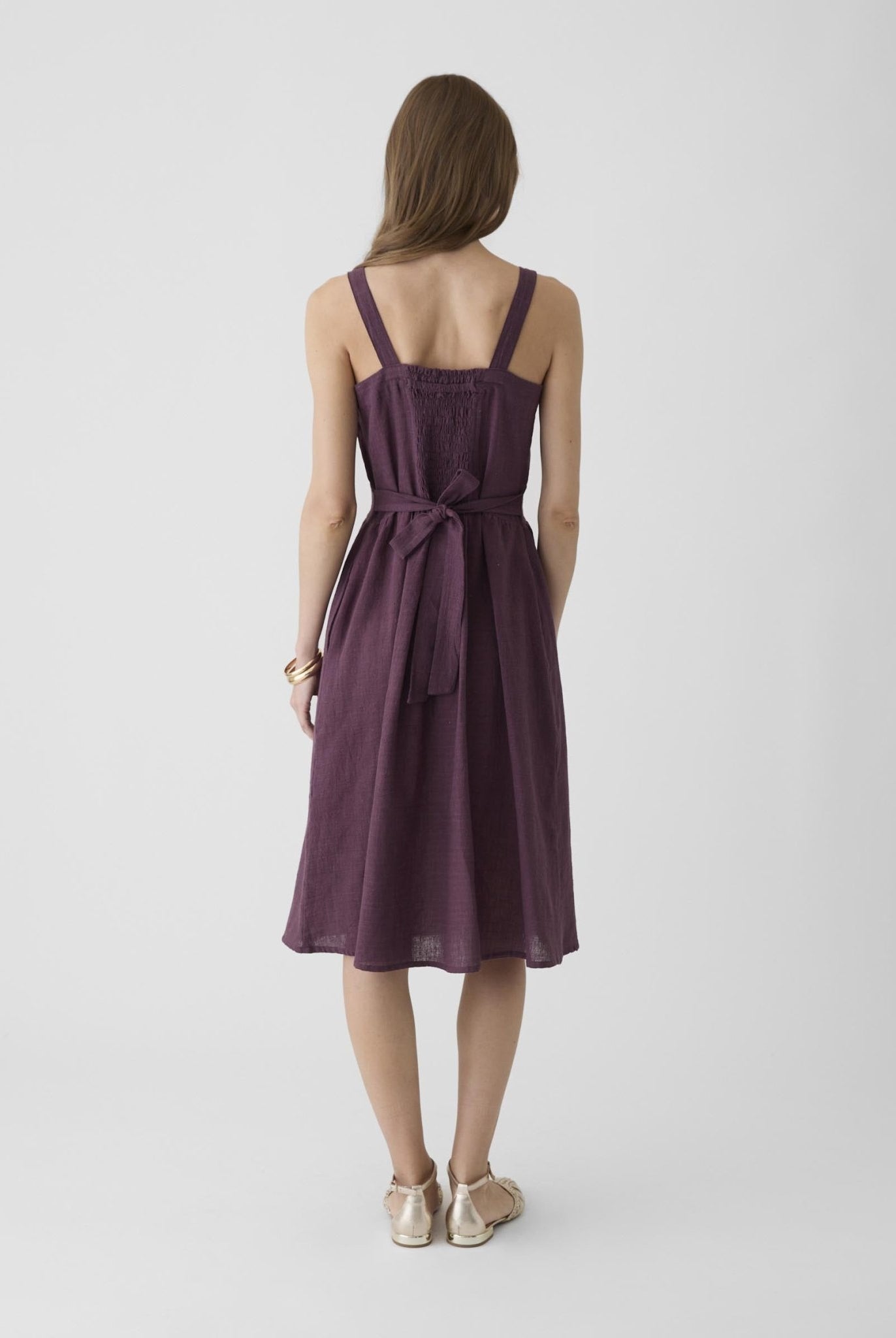 Women's Tie - Waist Midi Dress - Aubergine Purple - CiceroniDressesMareen