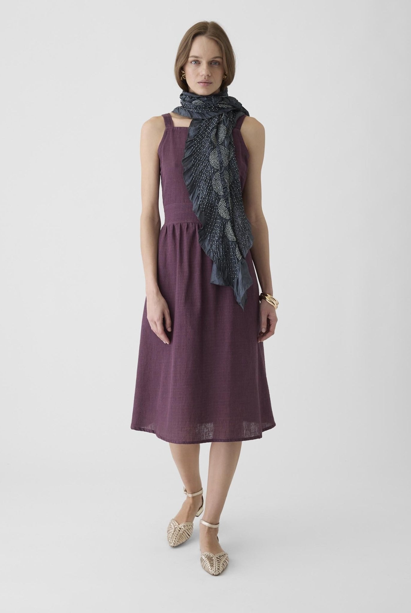 Women's Tie - Waist Midi Dress - Aubergine Purple - CiceroniDressesMareen