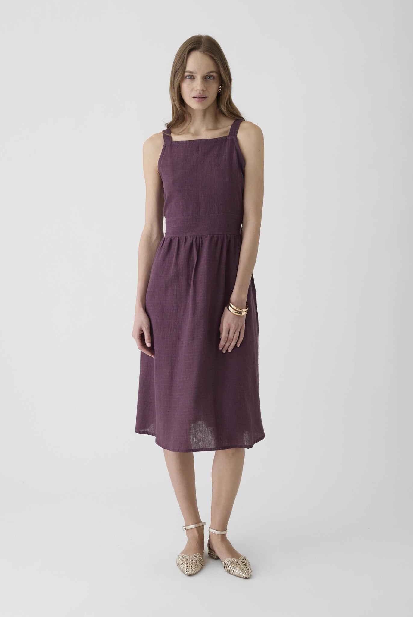 Women's Tie - Waist Midi Dress - Aubergine Purple - CiceroniDressesMareen