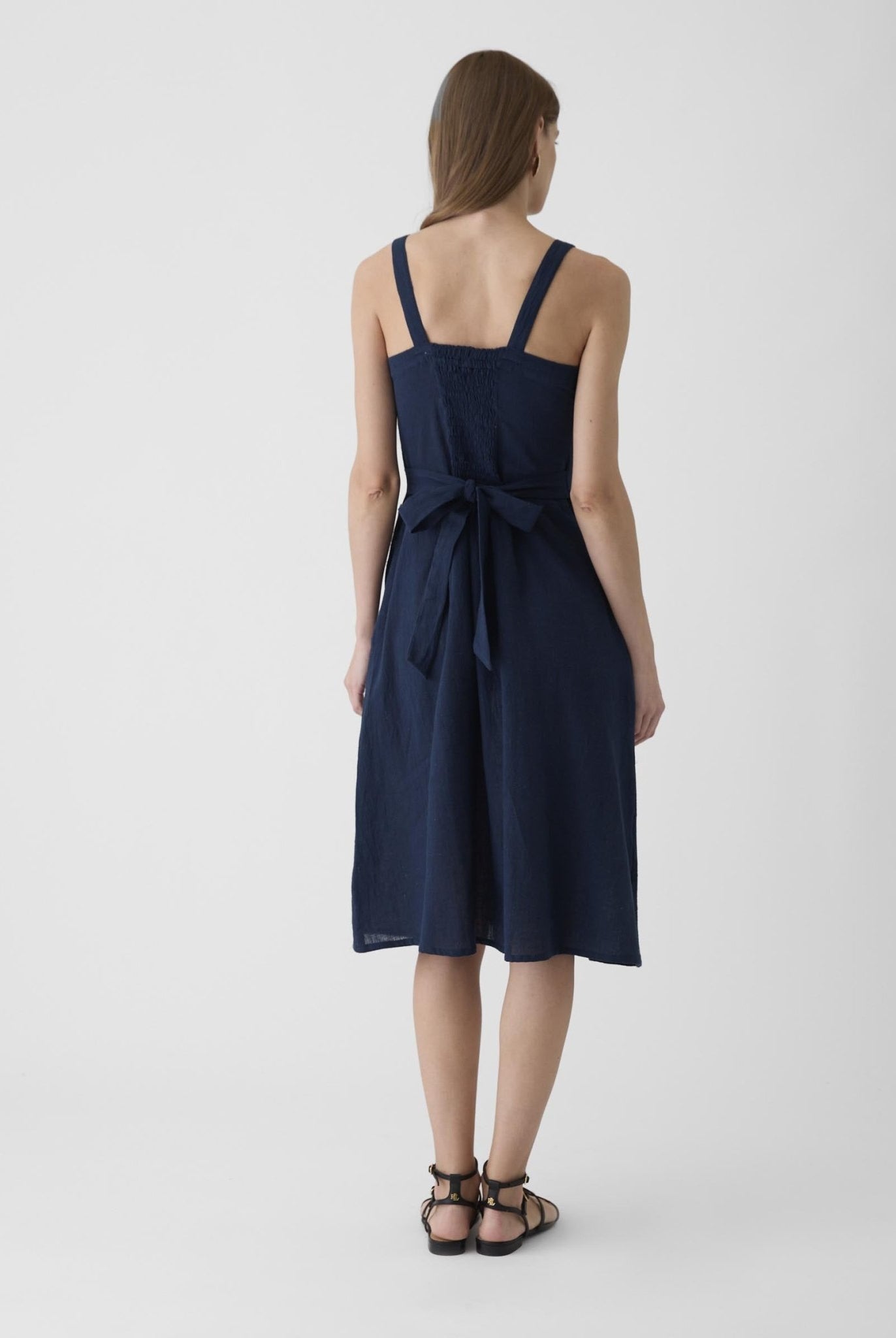 Women's Tie - Waist Midi Dress - Navy Blue - CiceroniDressesMareen