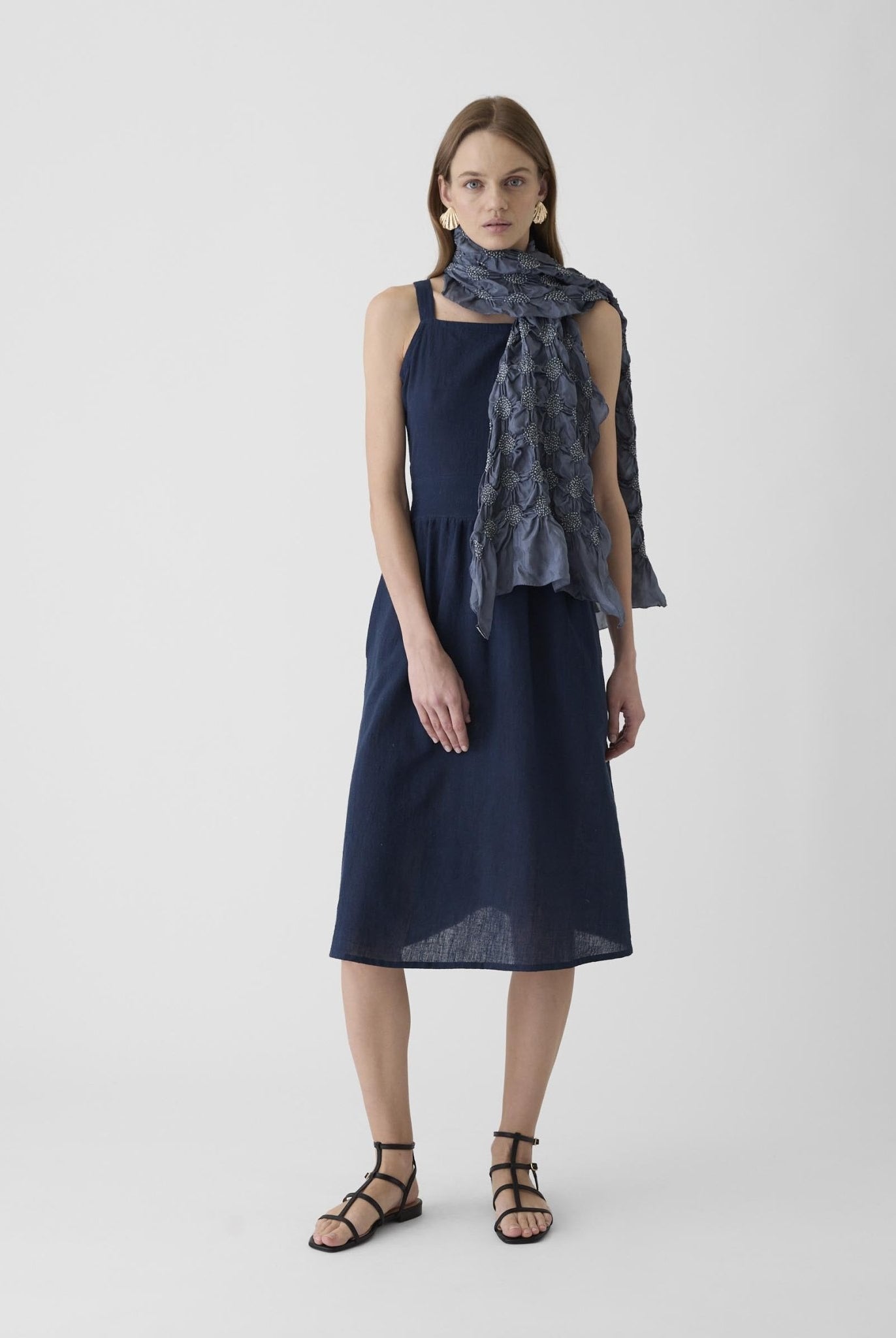 Women's Tie - Waist Midi Dress - Navy Blue - CiceroniDressesMareen