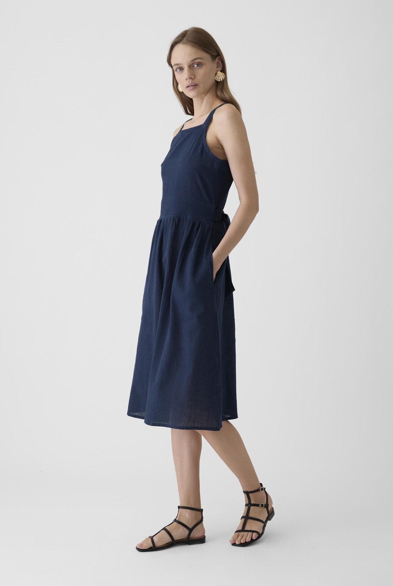 Women's Tie - Waist Midi Dress - Navy Blue - CiceroniDressesMareen