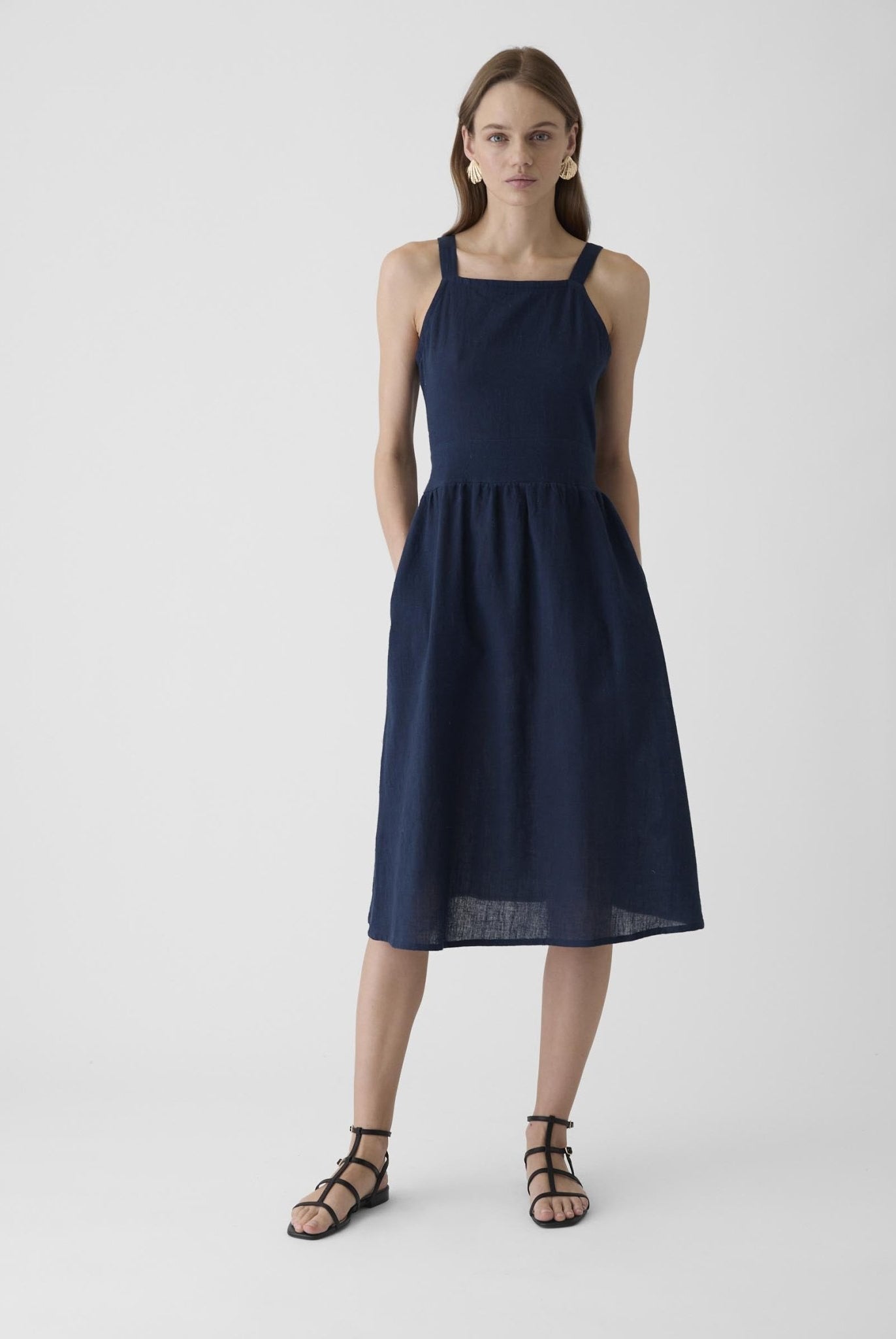 Women's Tie - Waist Midi Dress - Navy Blue - CiceroniDressesMareen