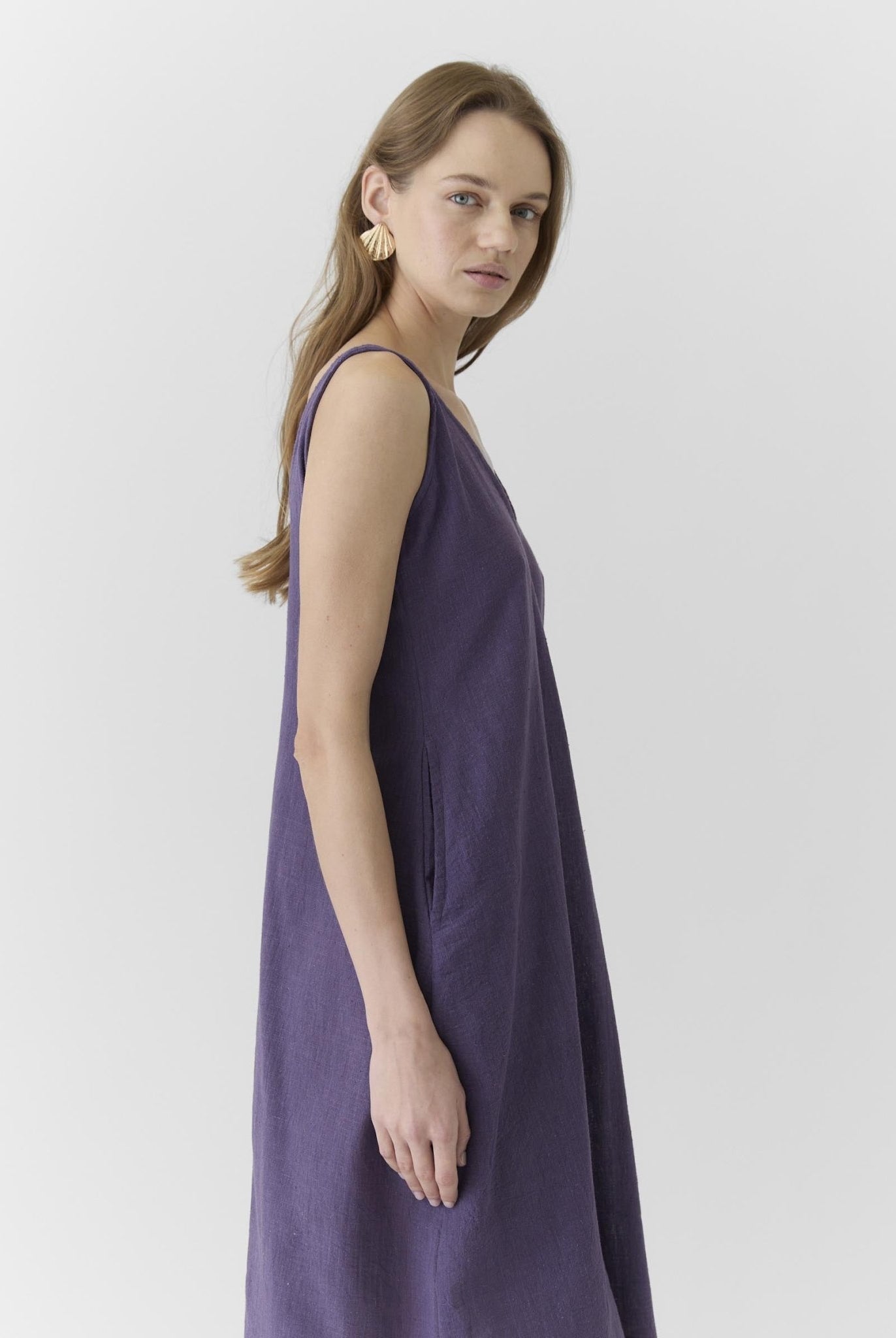 Women's V Neck Midi Dress - Plum Purple - CiceroniDressesMareen