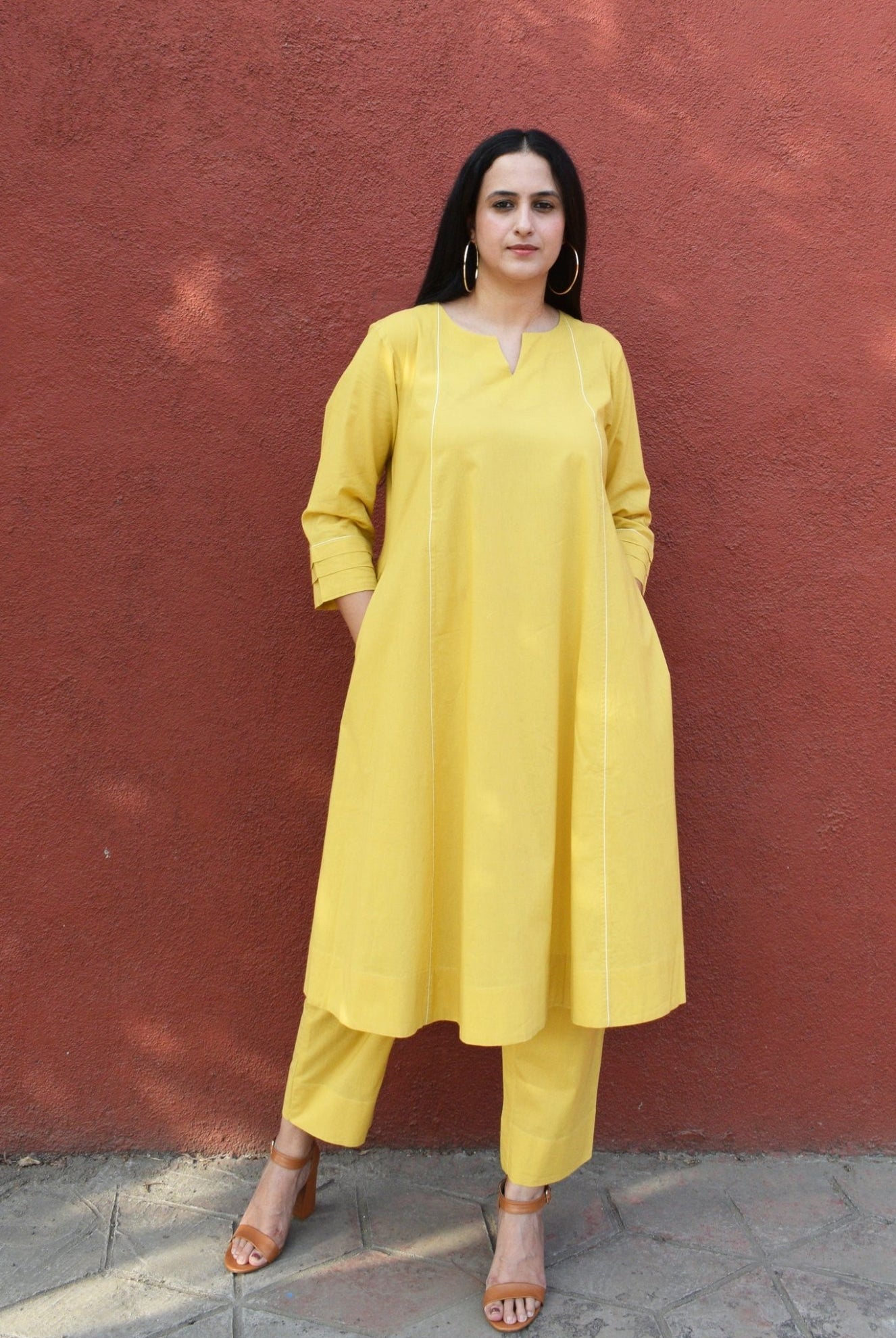 Yellow A line Cotton Kurta with Panels and Yellow Pyjama - CiceroniKurta Set, Everyday WearHouse of Moxa
