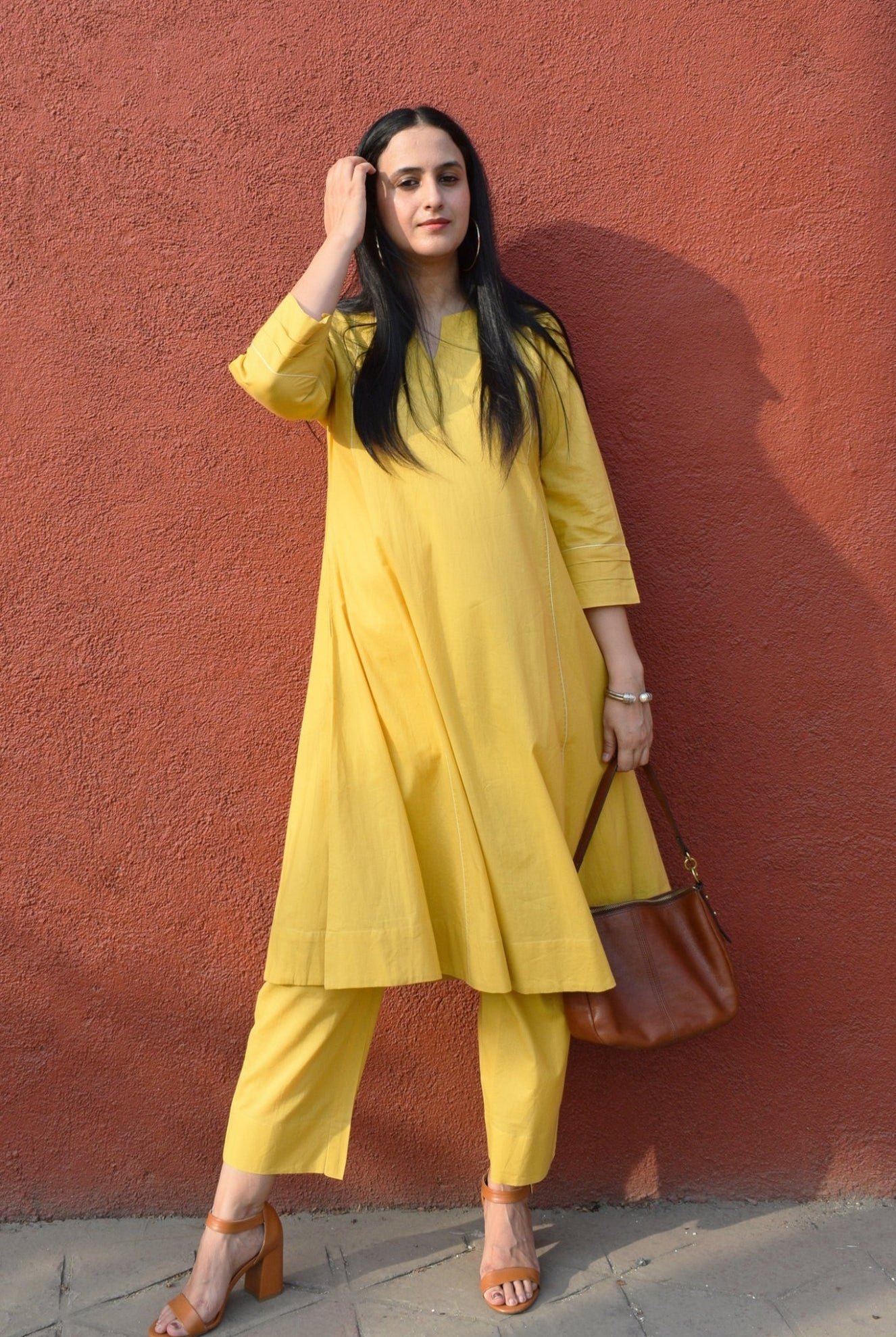 Yellow A line Cotton Kurta with Panels and Yellow Pyjama - CiceroniKurta Set, Everyday WearHouse of Moxa