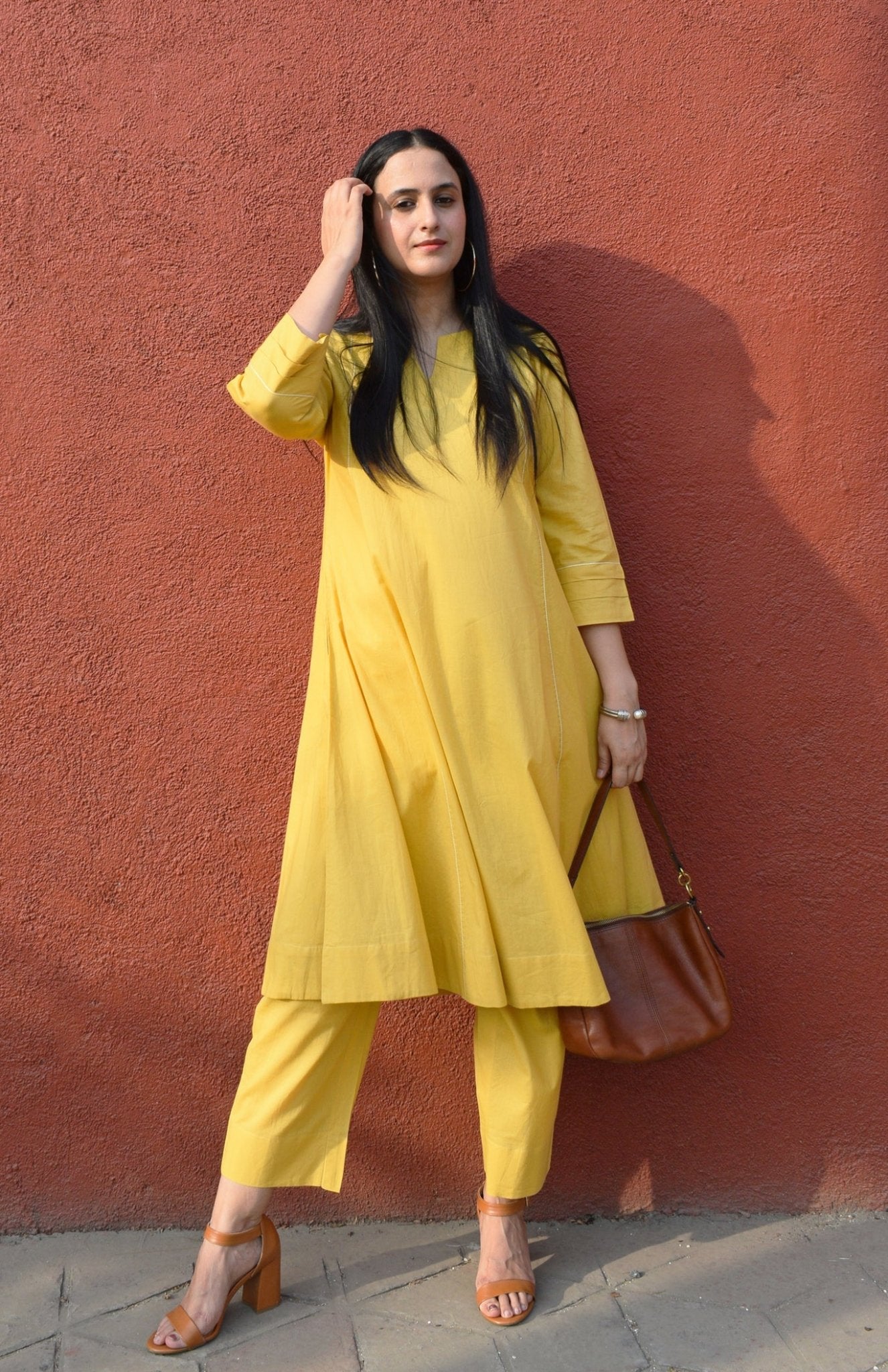 Yellow A line Cotton Kurta with Panels and Yellow Pyjama - CiceroniKurta Set, Everyday WearHouse of Moxa