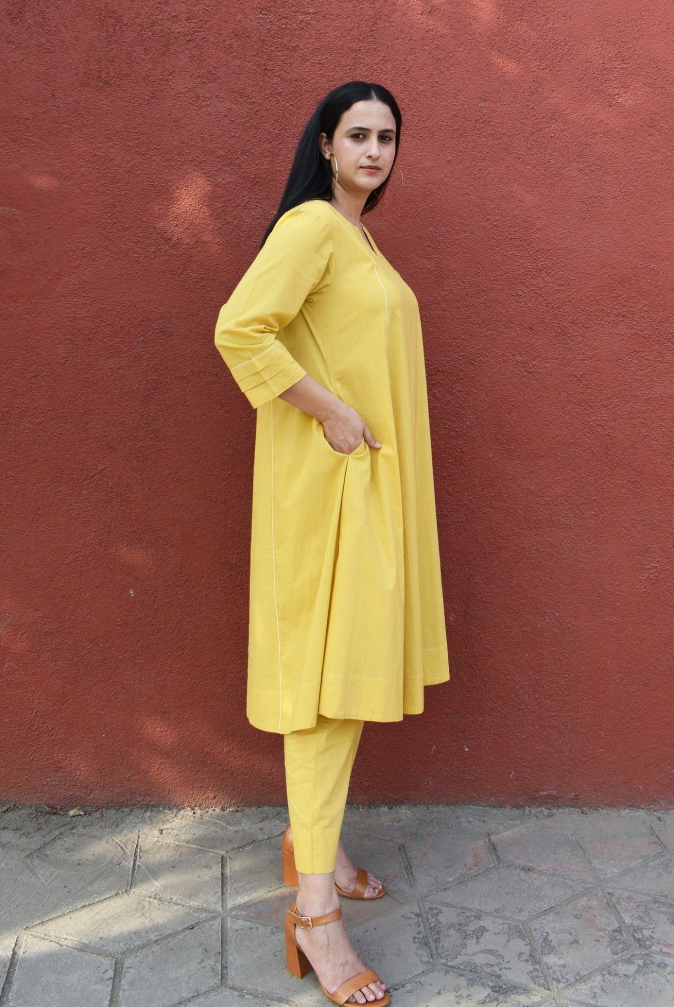 Yellow A line Cotton Kurta with Panels and Yellow Pyjama - CiceroniKurta Set, Everyday WearHouse of Moxa