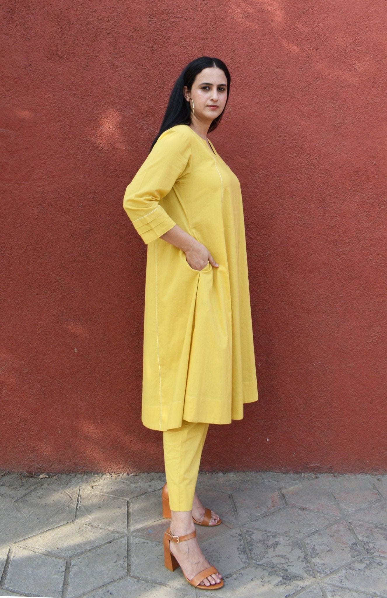 Yellow A line Cotton Kurta with Panels and Yellow Pyjama - CiceroniKurta Set, Everyday WearHouse of Moxa