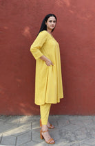 Yellow A line Cotton Kurta with Panels and Yellow Pyjama - CiceroniKurta Set, Everyday WearHouse of Moxa