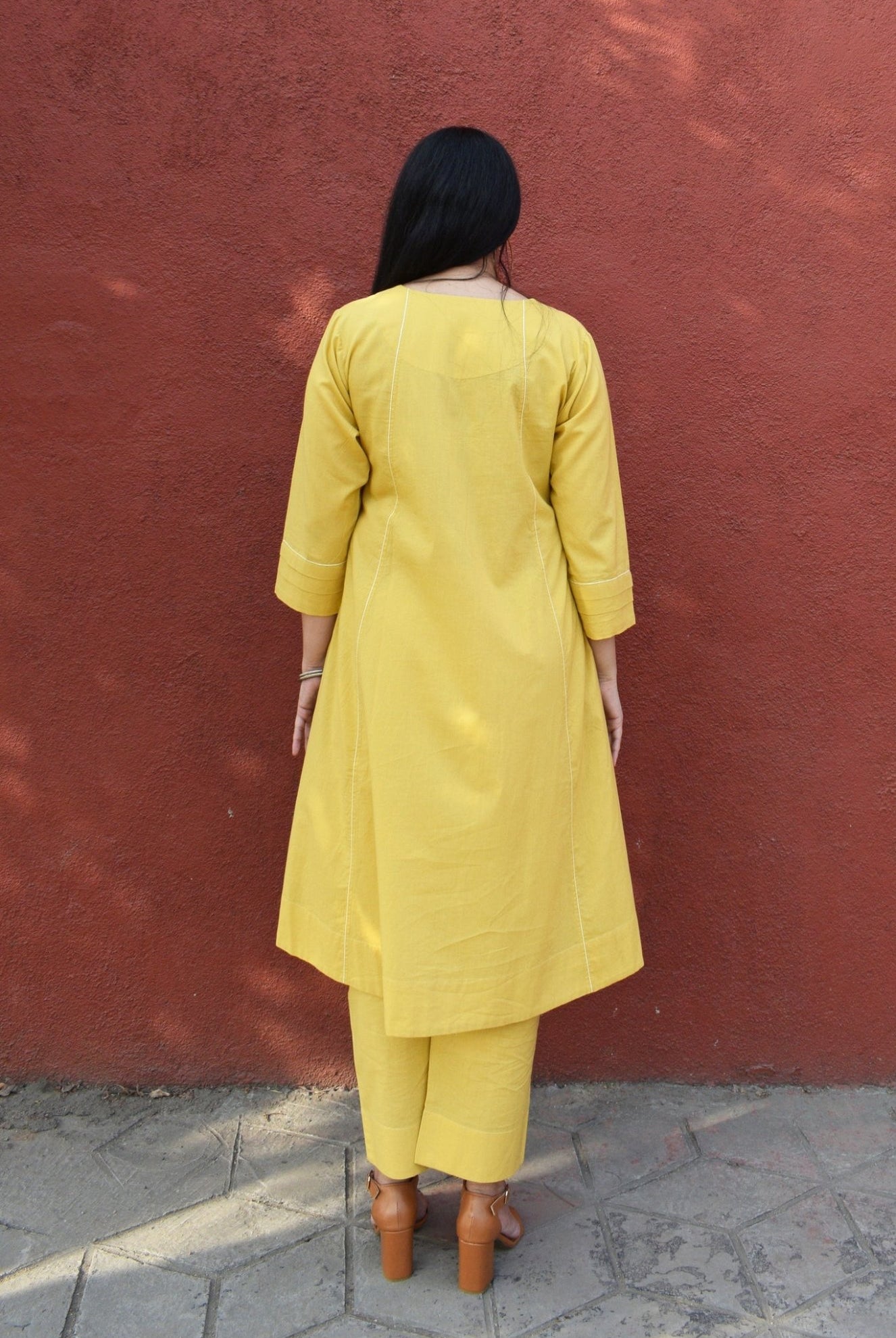 Yellow A line Cotton Kurta with Panels and Yellow Pyjama - CiceroniKurta Set, Everyday WearHouse of Moxa