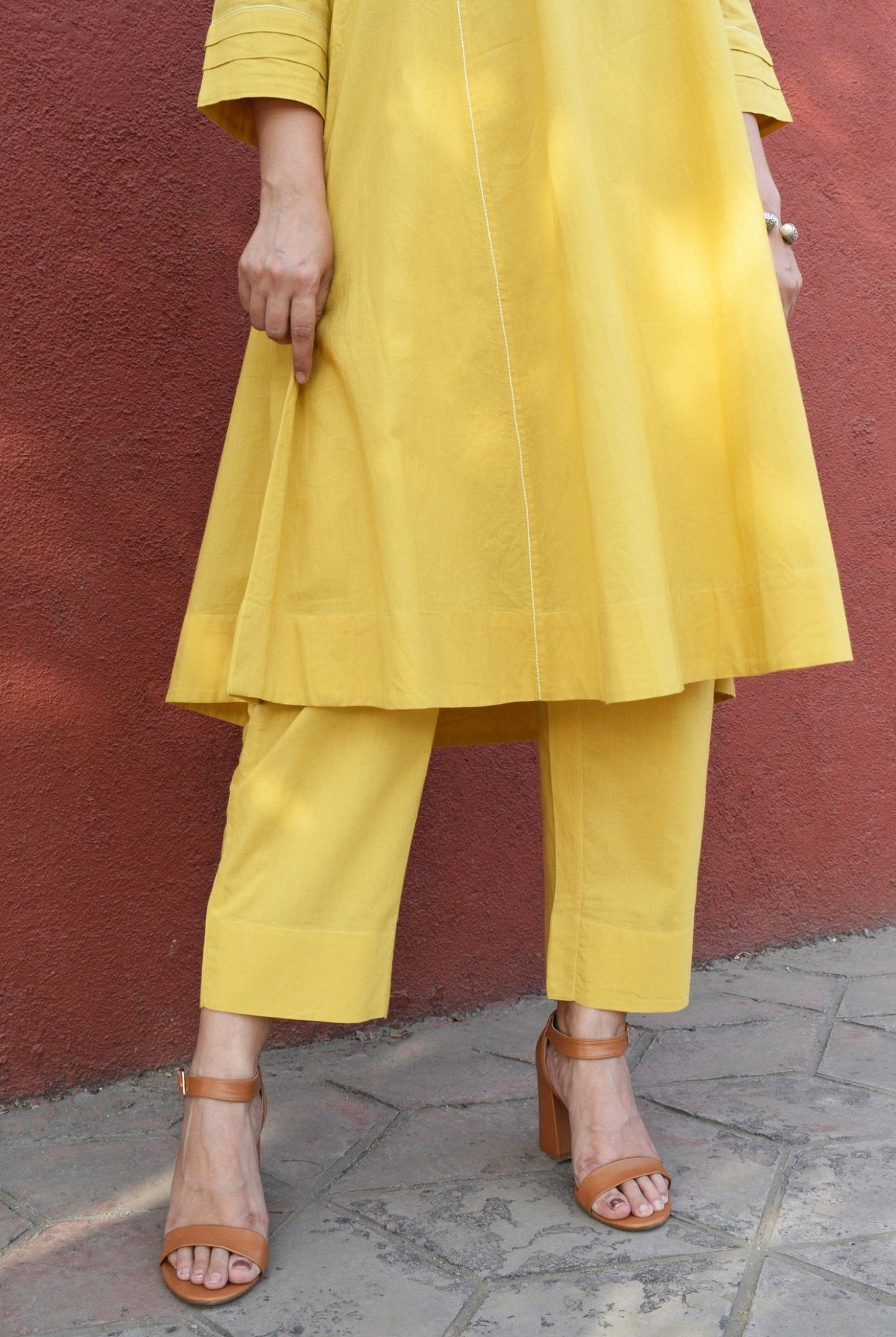 Yellow A line Cotton Kurta with Panels and Yellow Pyjama - CiceroniKurta Set, Everyday WearHouse of Moxa