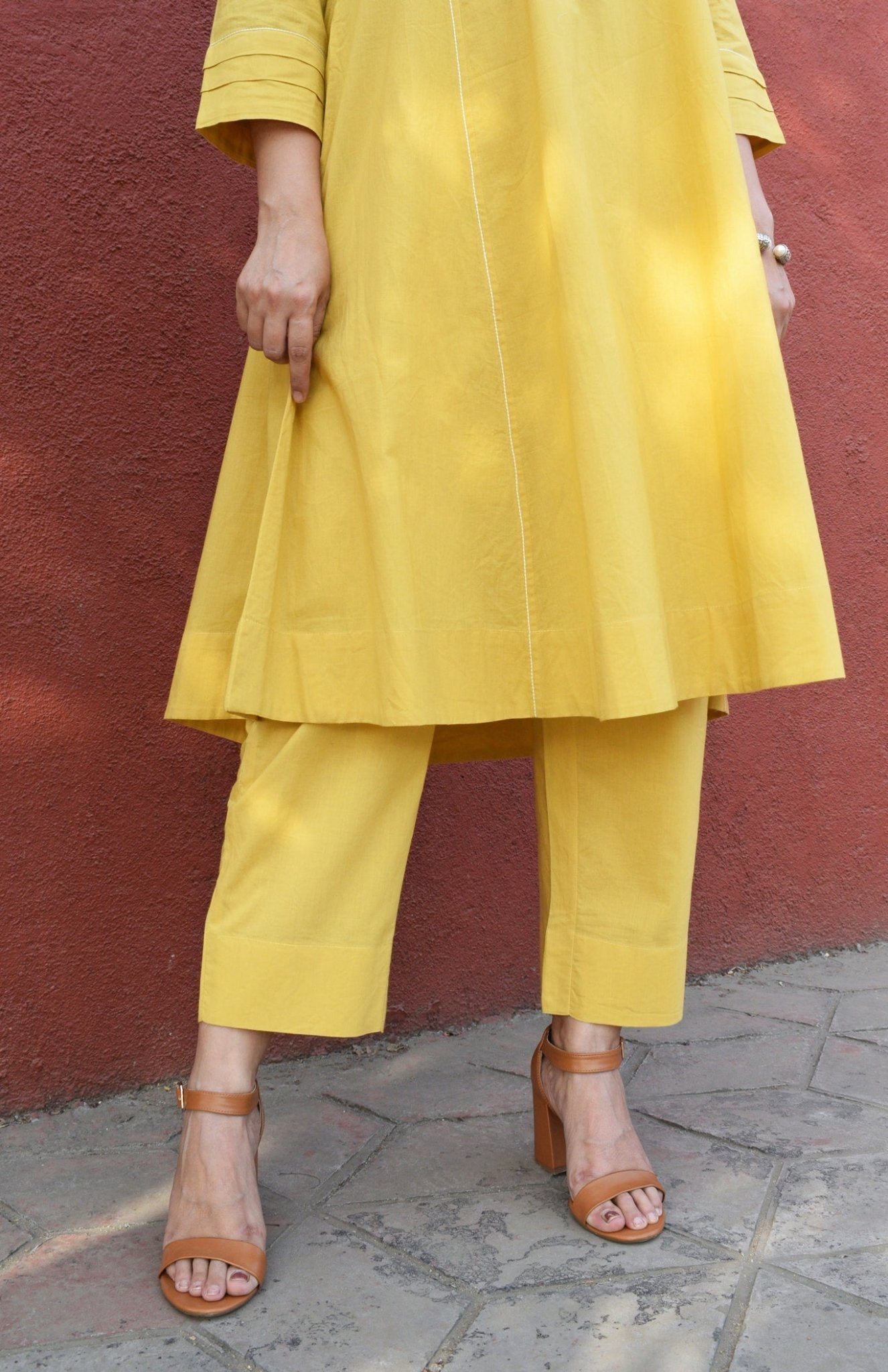 Yellow A line Cotton Kurta with Panels and Yellow Pyjama - CiceroniKurta Set, Everyday WearHouse of Moxa