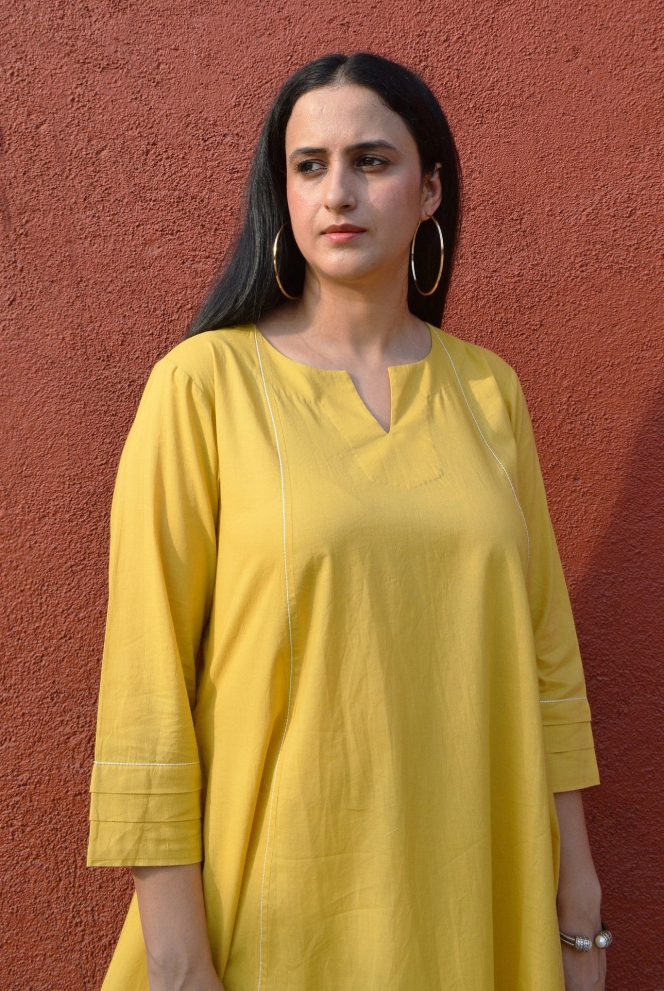 Yellow A line Cotton Kurta with Panels and Yellow Pyjama - CiceroniKurta Set, Everyday WearHouse of Moxa