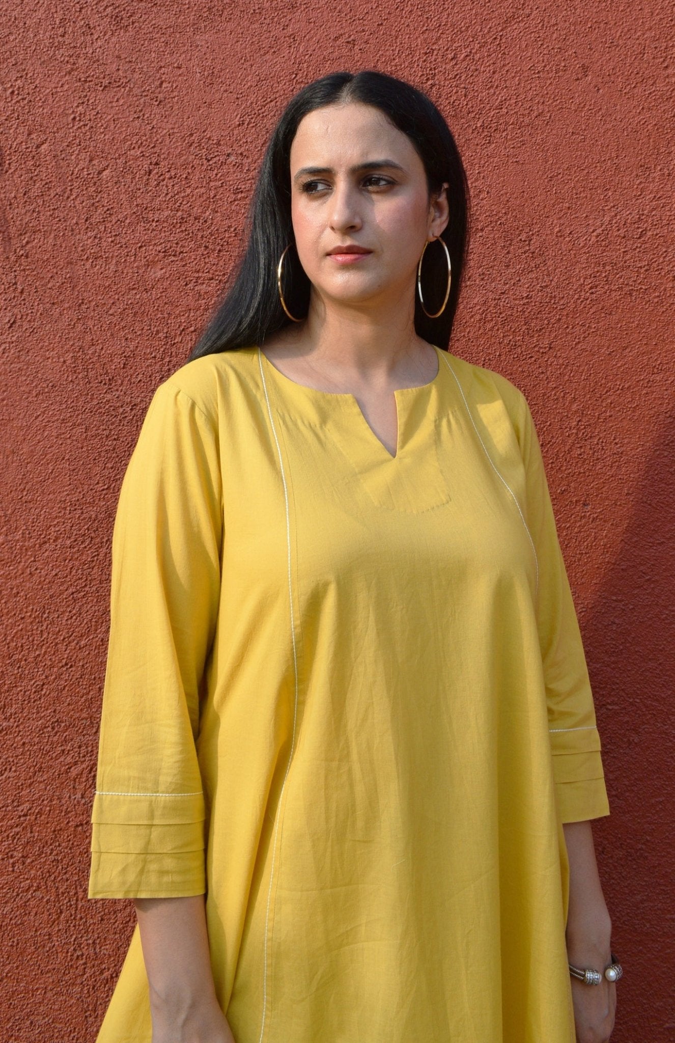 Yellow A line Cotton Kurta with Panels and Yellow Pyjama - CiceroniKurta Set, Everyday WearHouse of Moxa