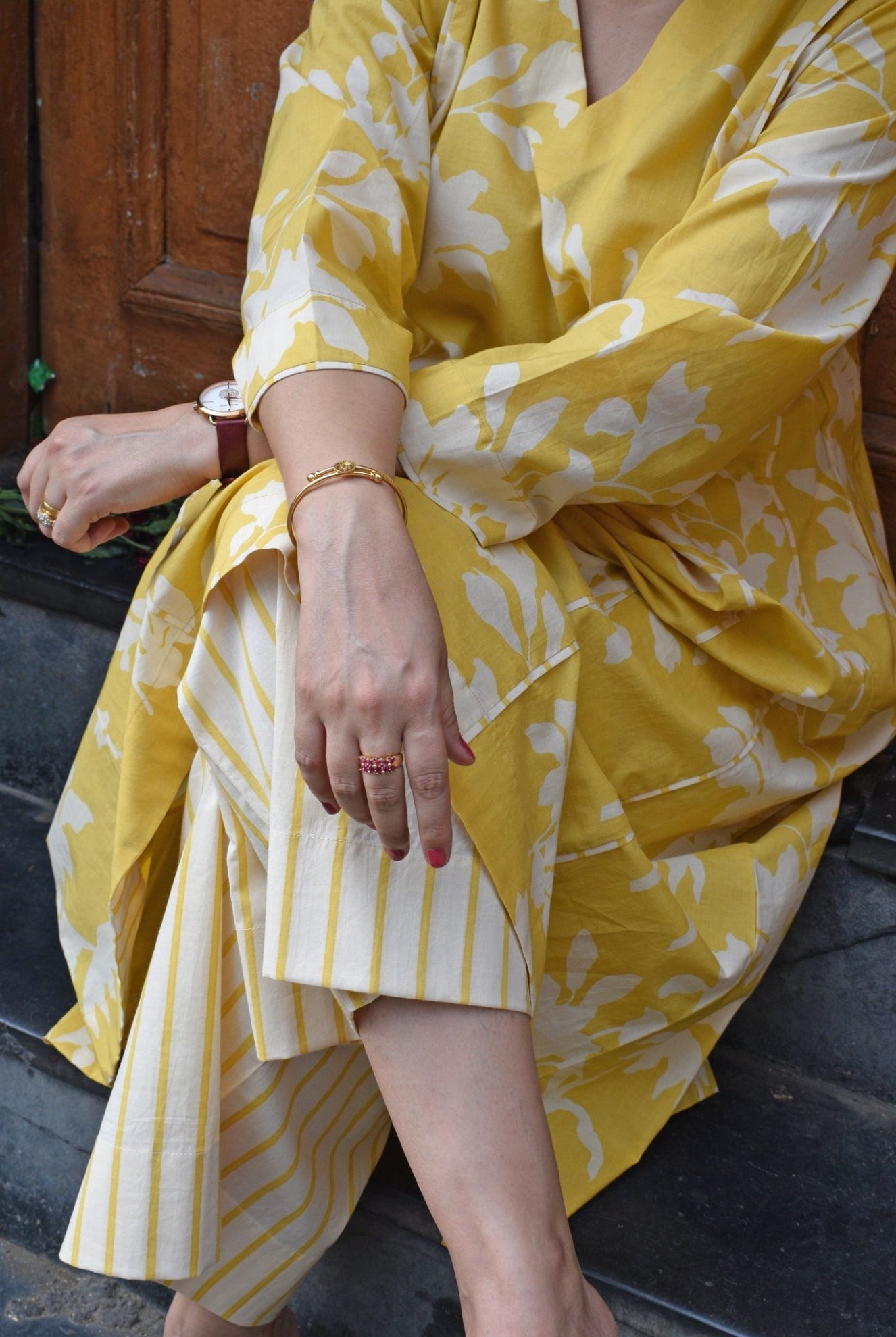 Yellow Floral Paneled Kurta with Striped Pajama - CiceroniKurta Set, Everyday WearHouse of Moxa