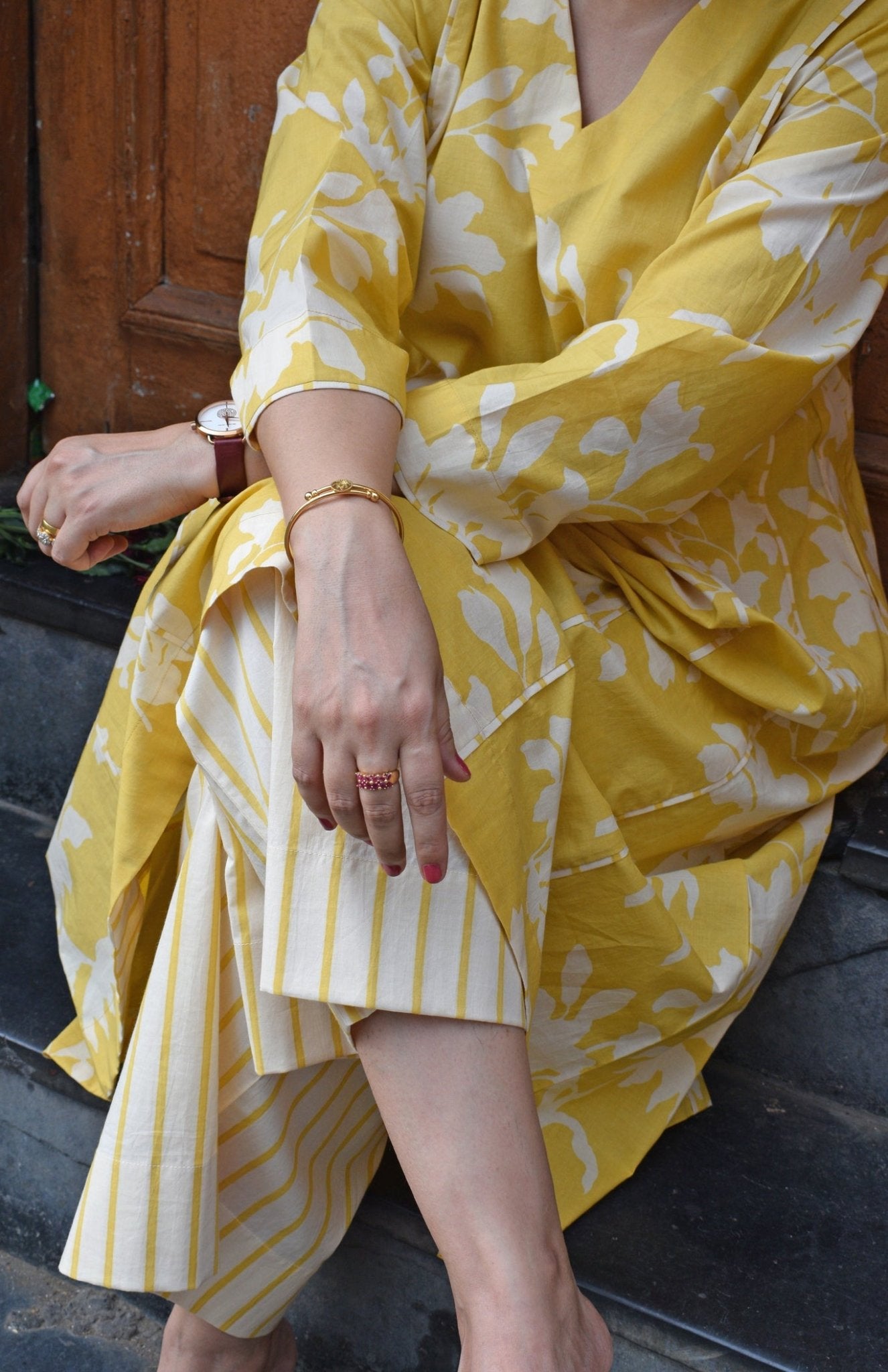 Yellow Floral Paneled Kurta with Striped Pajama - CiceroniKurta Set, Everyday WearHouse of Moxa