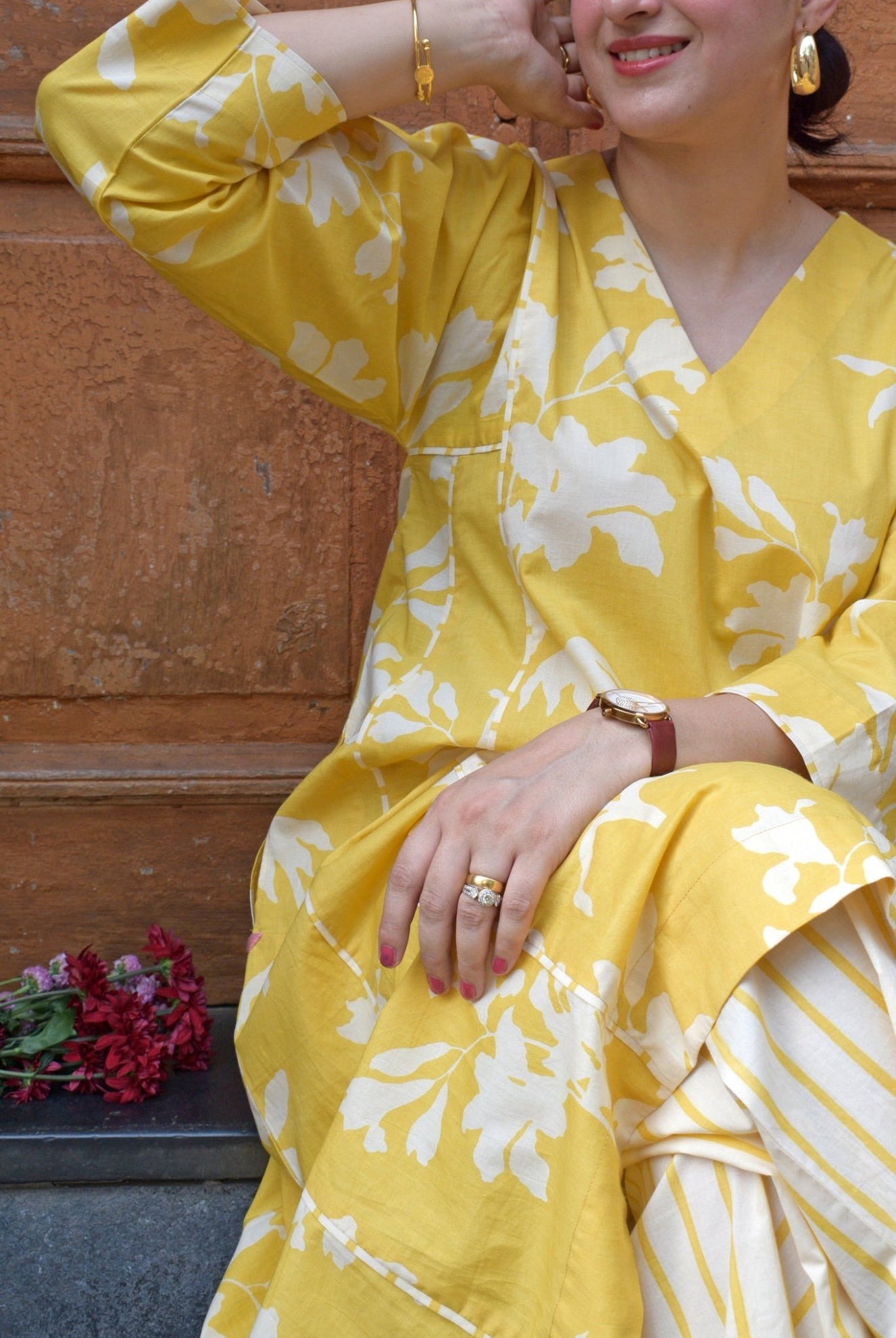 Yellow Floral Paneled Kurta with Striped Pajama - CiceroniKurta Set, Everyday WearHouse of Moxa