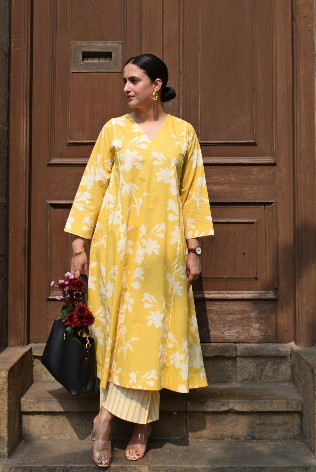 Yellow Floral Paneled Kurta with Striped Pajama - CiceroniKurta Set, Everyday WearHouse of Moxa