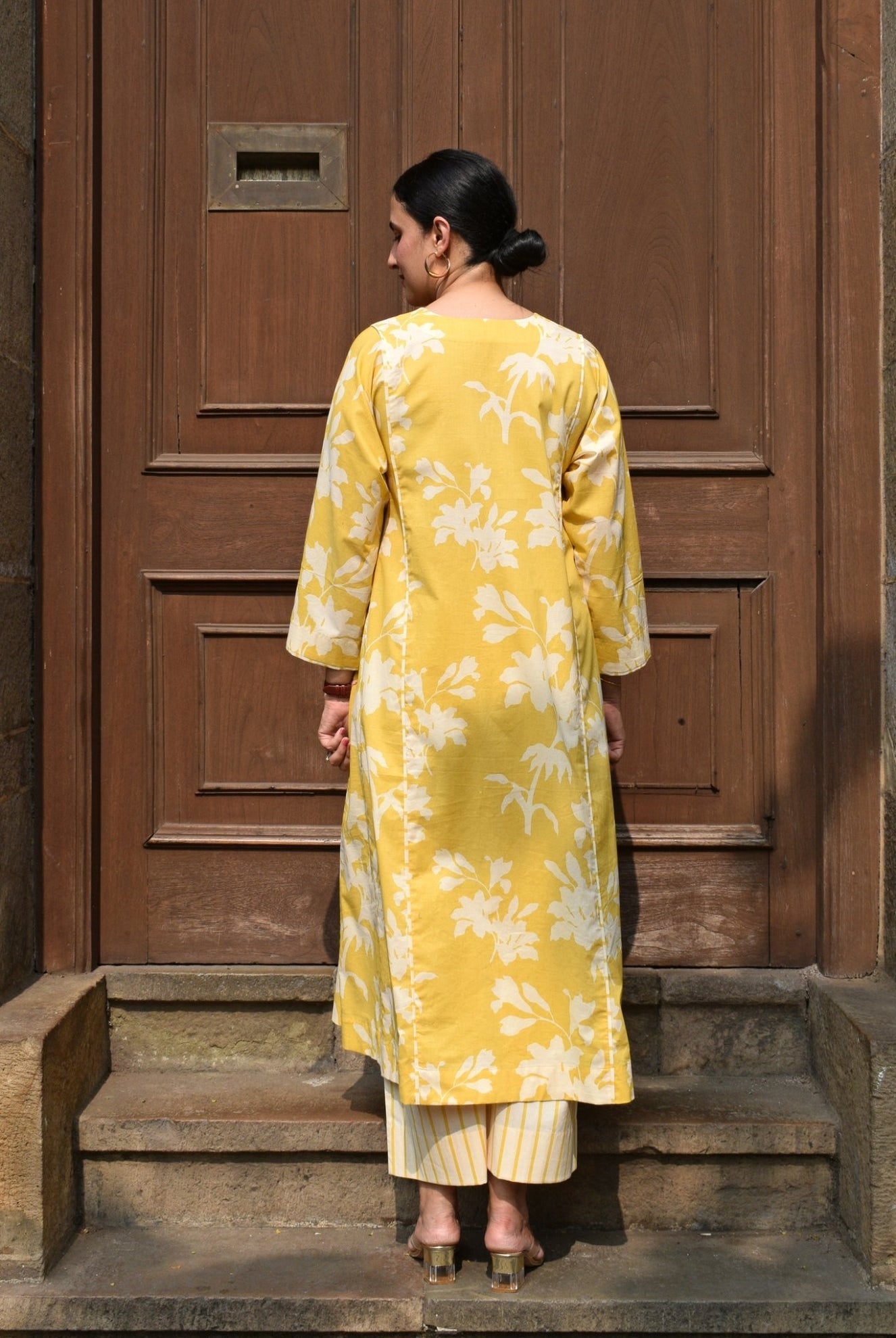Yellow Floral Paneled Kurta with Striped Pajama - CiceroniKurta Set, Everyday WearHouse of Moxa