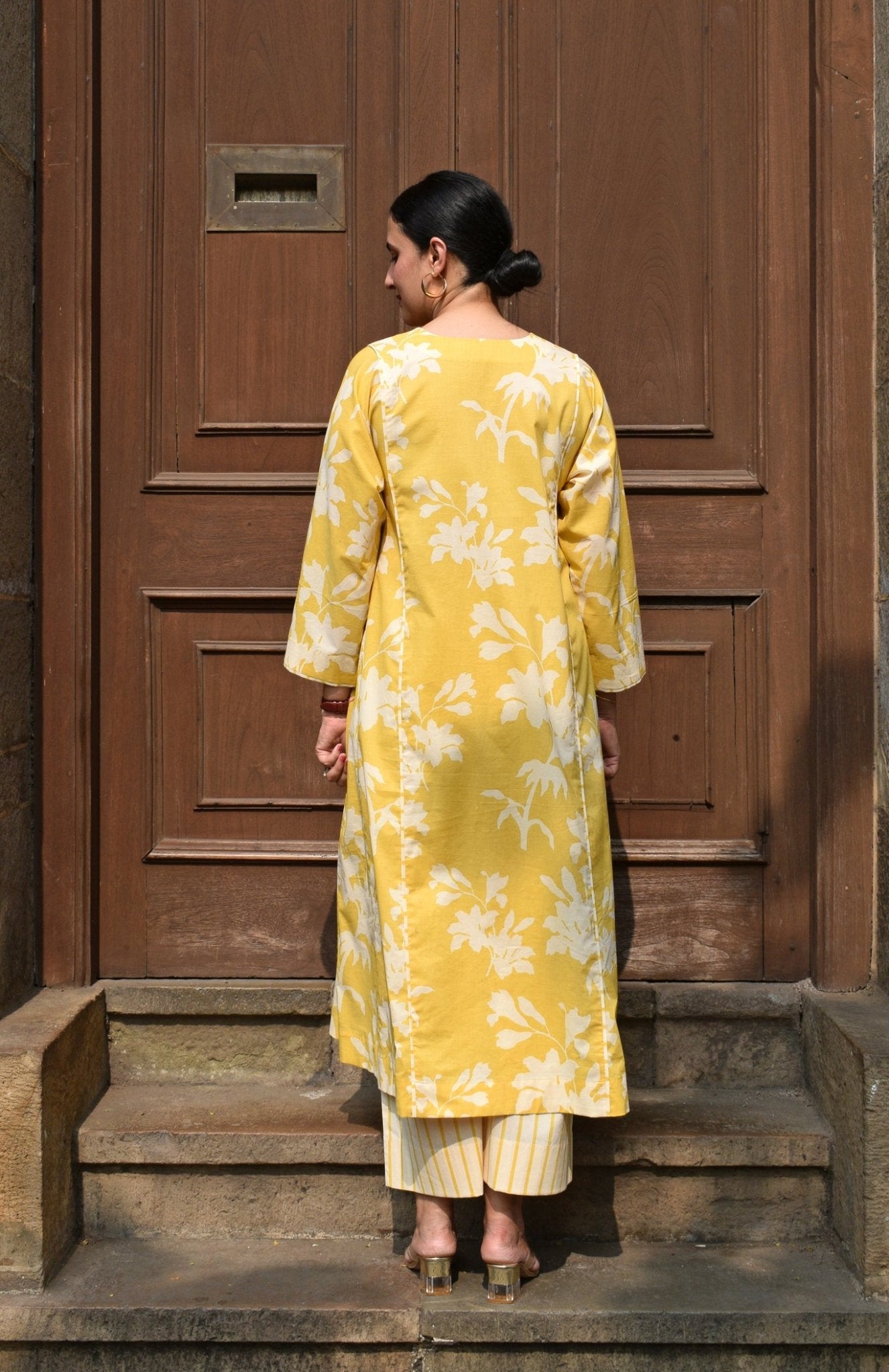 Yellow Floral Paneled Kurta with Striped Pajama - CiceroniKurta Set, Everyday WearHouse of Moxa