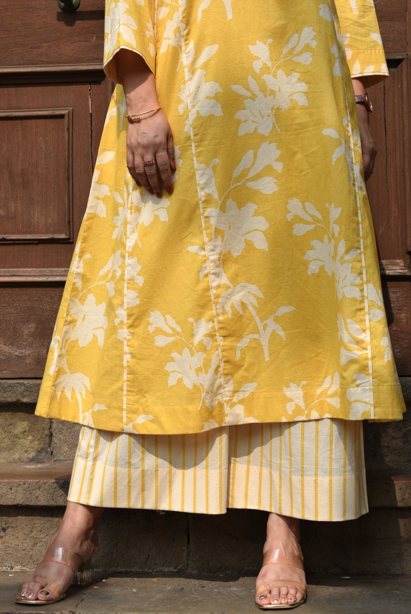 Yellow Floral Paneled Kurta with Striped Pajama - CiceroniKurta Set, Everyday WearHouse of Moxa