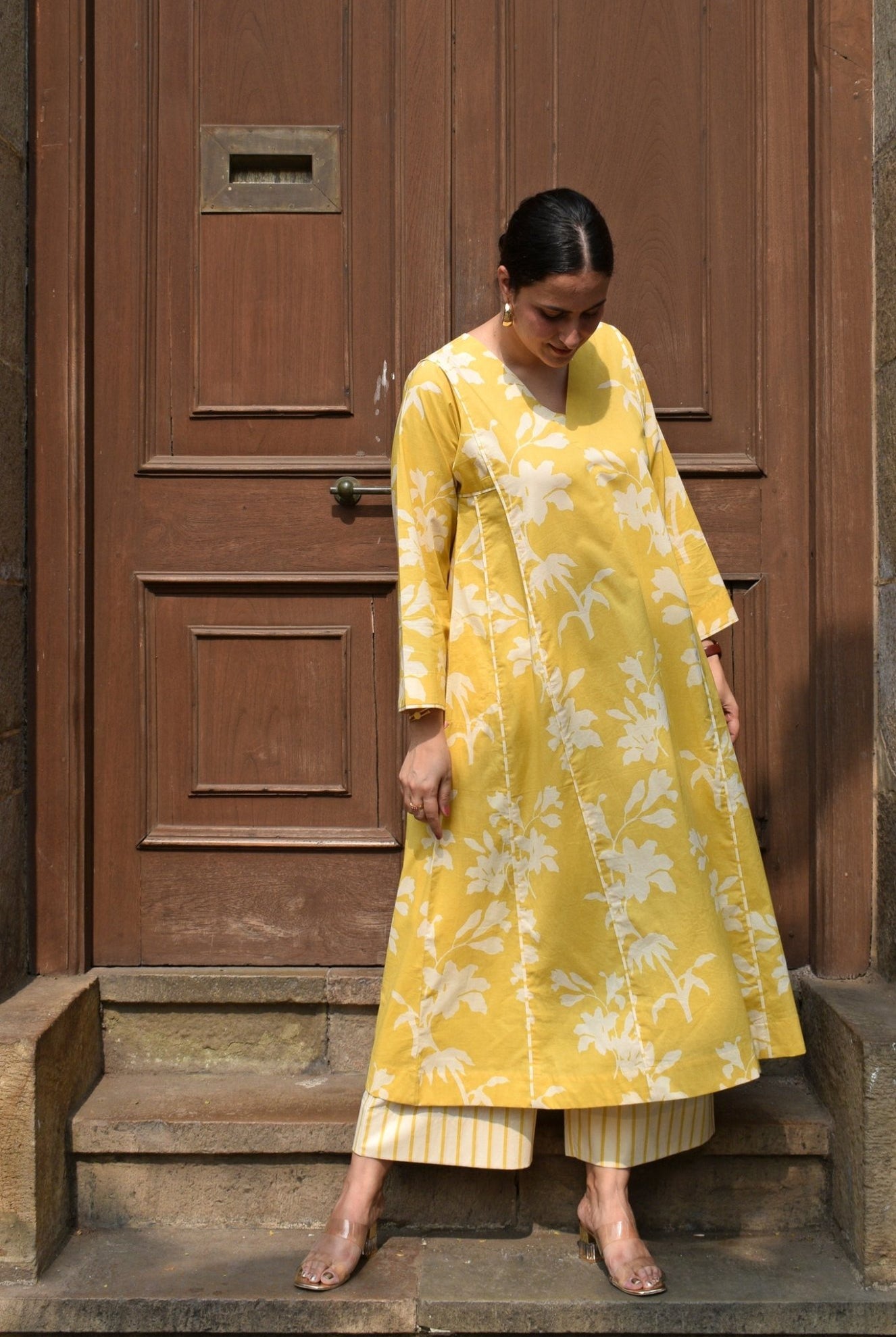 Yellow Floral Paneled Kurta with Striped Pajama - CiceroniKurta Set, Everyday WearHouse of Moxa