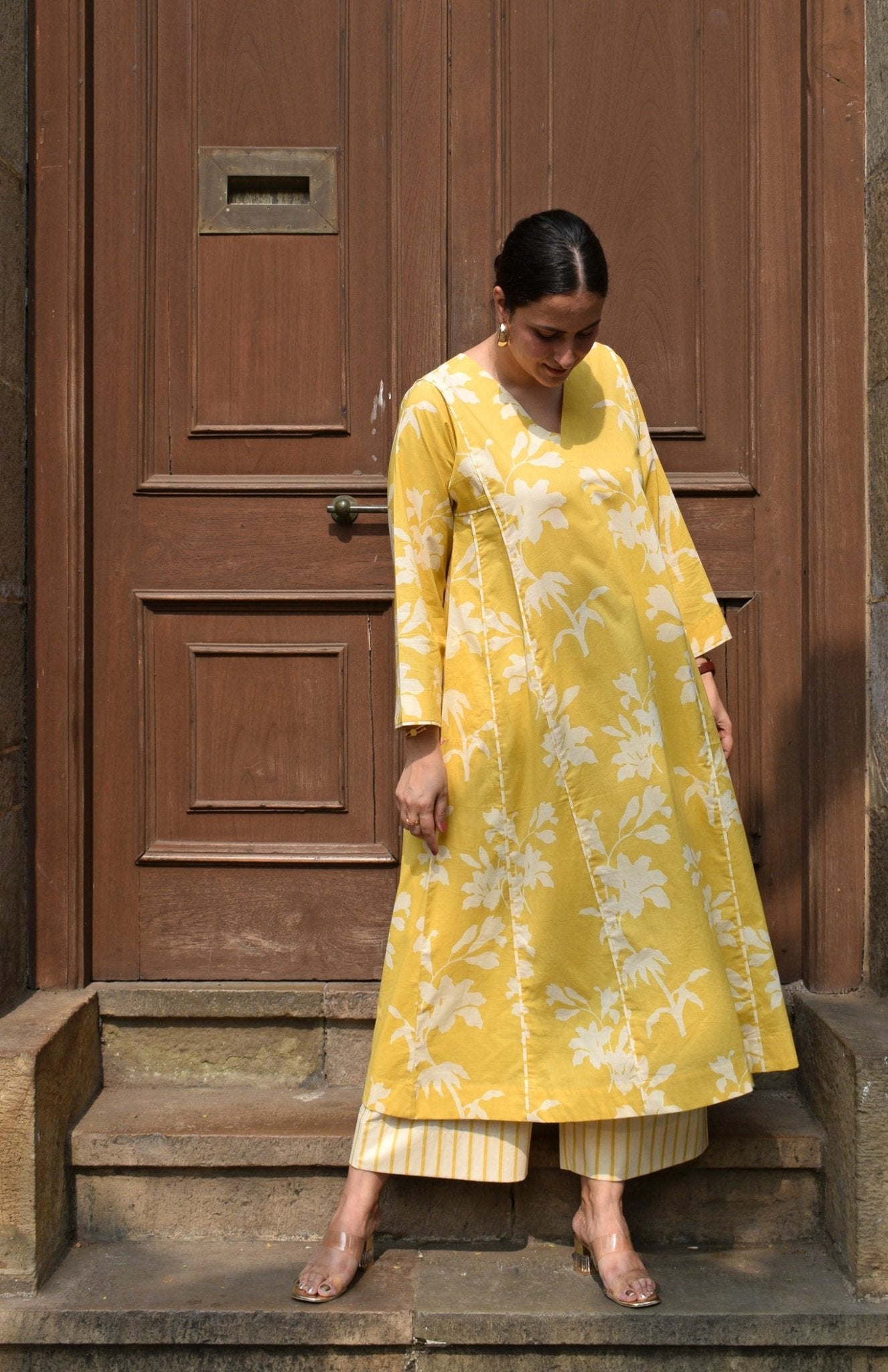 Yellow Floral Paneled Kurta with Striped Pajama - CiceroniKurta Set, Everyday WearHouse of Moxa