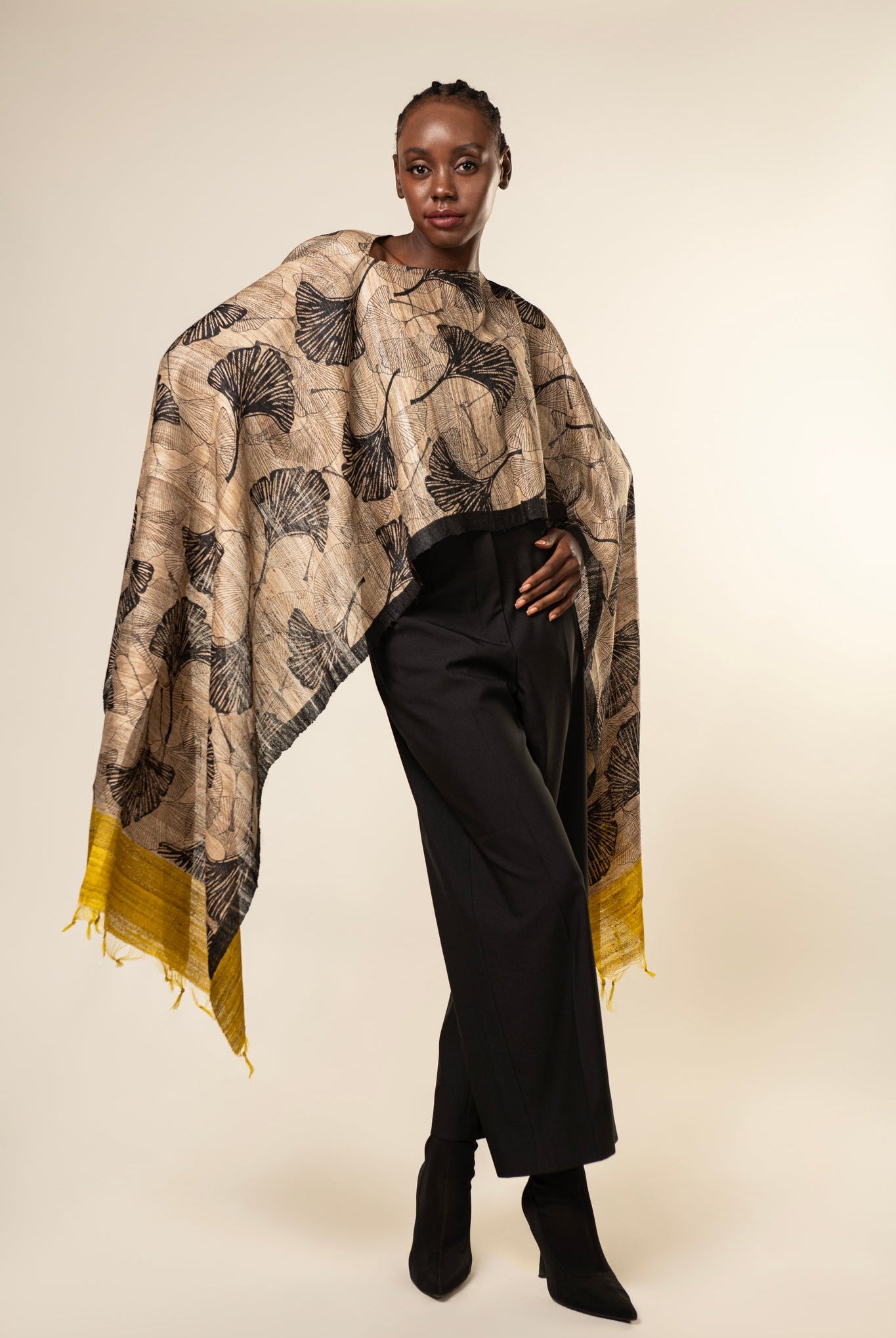 Yellow Ginkgo Tussar Peace Silk 3 in 1 Cape - CiceroniCapeAeshaane