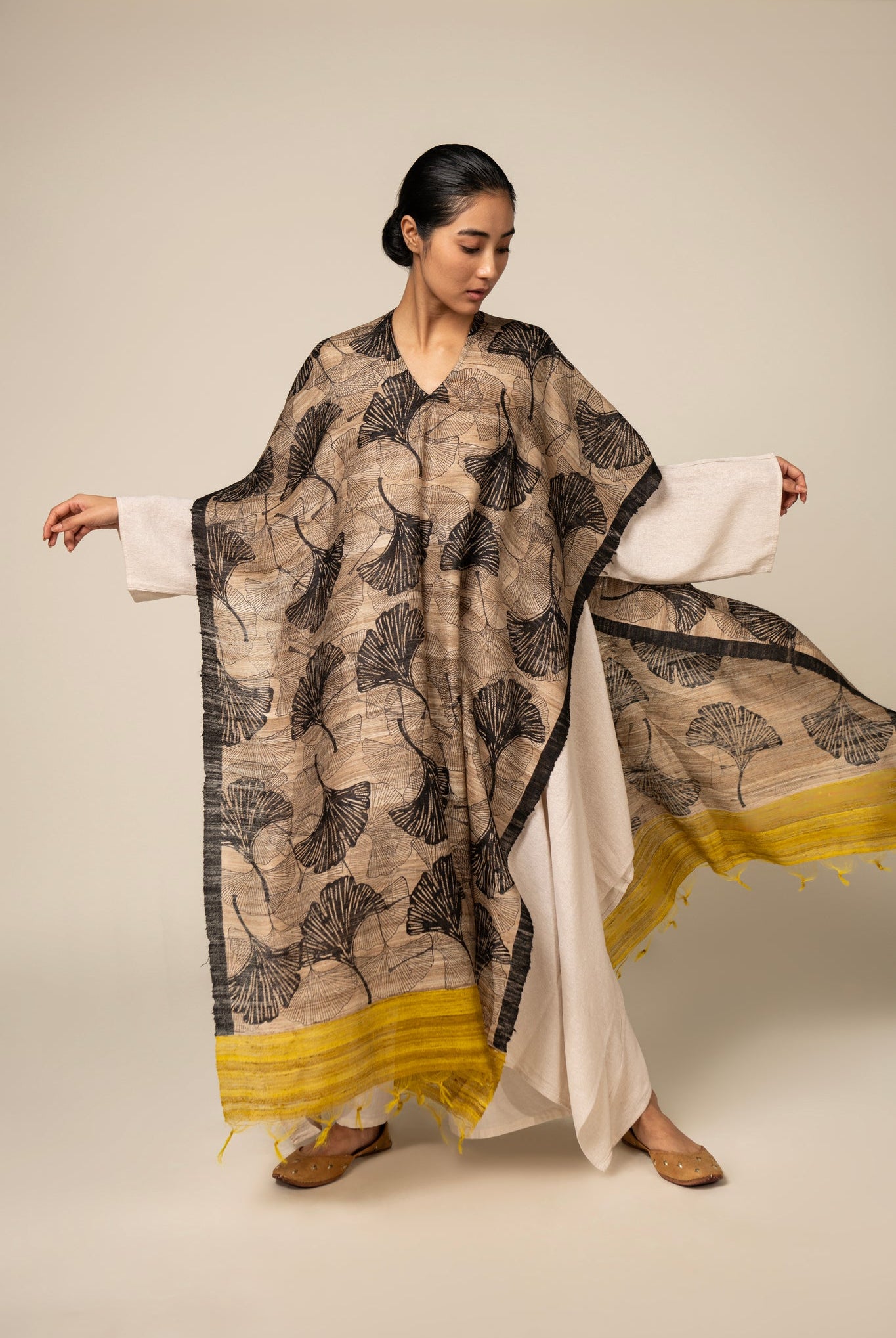 Yellow Ginkgo Tussar Peace Silk 3 in 1 Cape - CiceroniCapeAeshaane