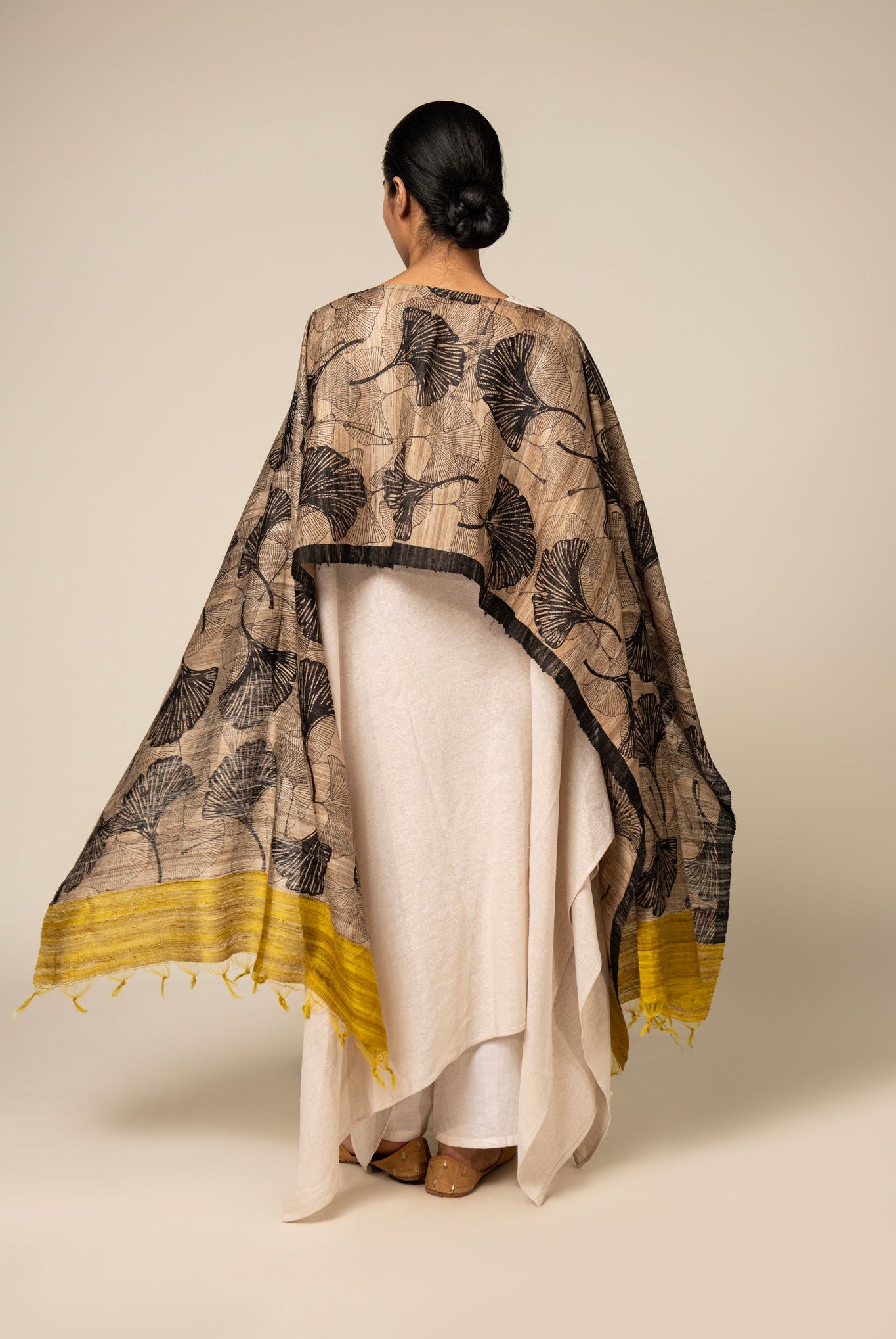 Yellow Ginkgo Tussar Peace Silk 3 in 1 Cape - CiceroniCapeAeshaane