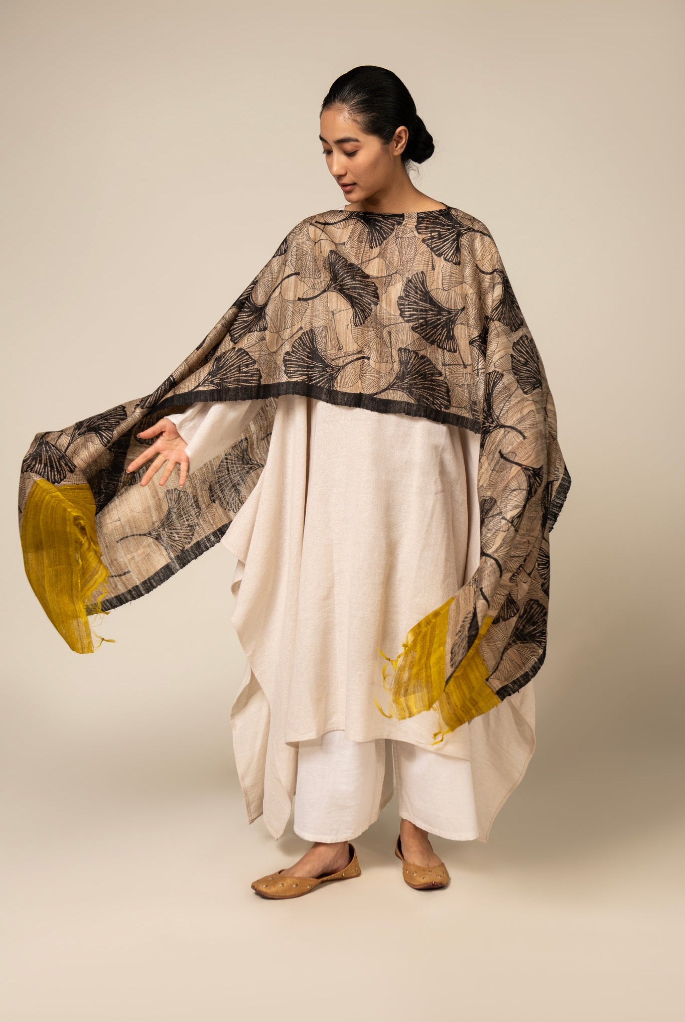 Yellow Ginkgo Tussar Peace Silk 3 in 1 Cape - CiceroniCapeAeshaane