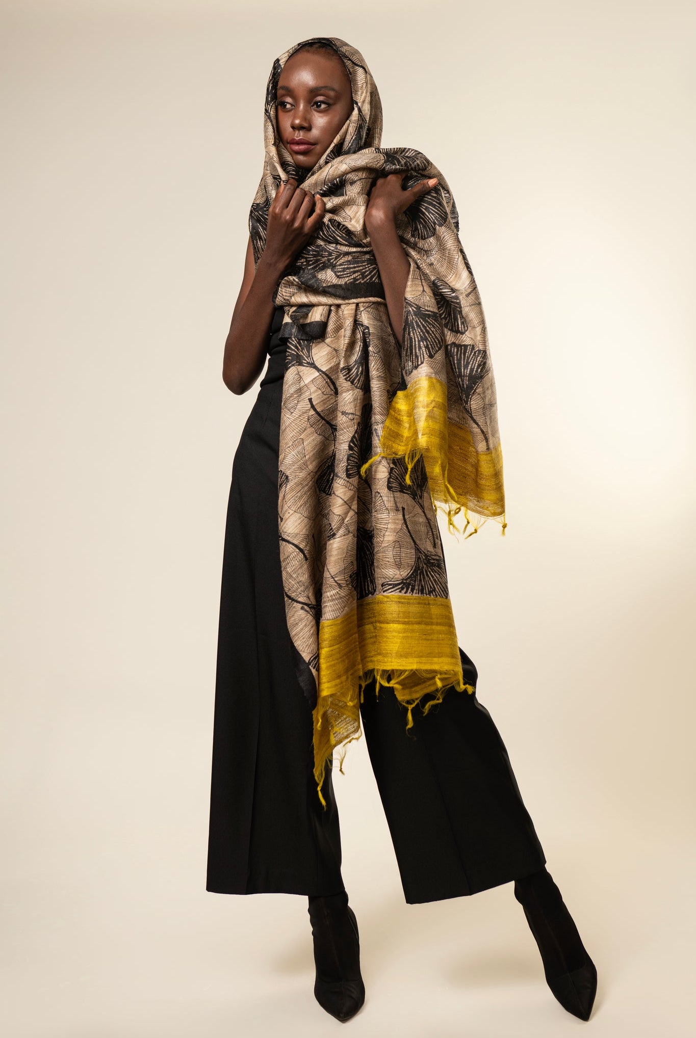 Yellow Ginkgo Tussar Peace Silk 3 in 1 Cape - CiceroniCapeAeshaane