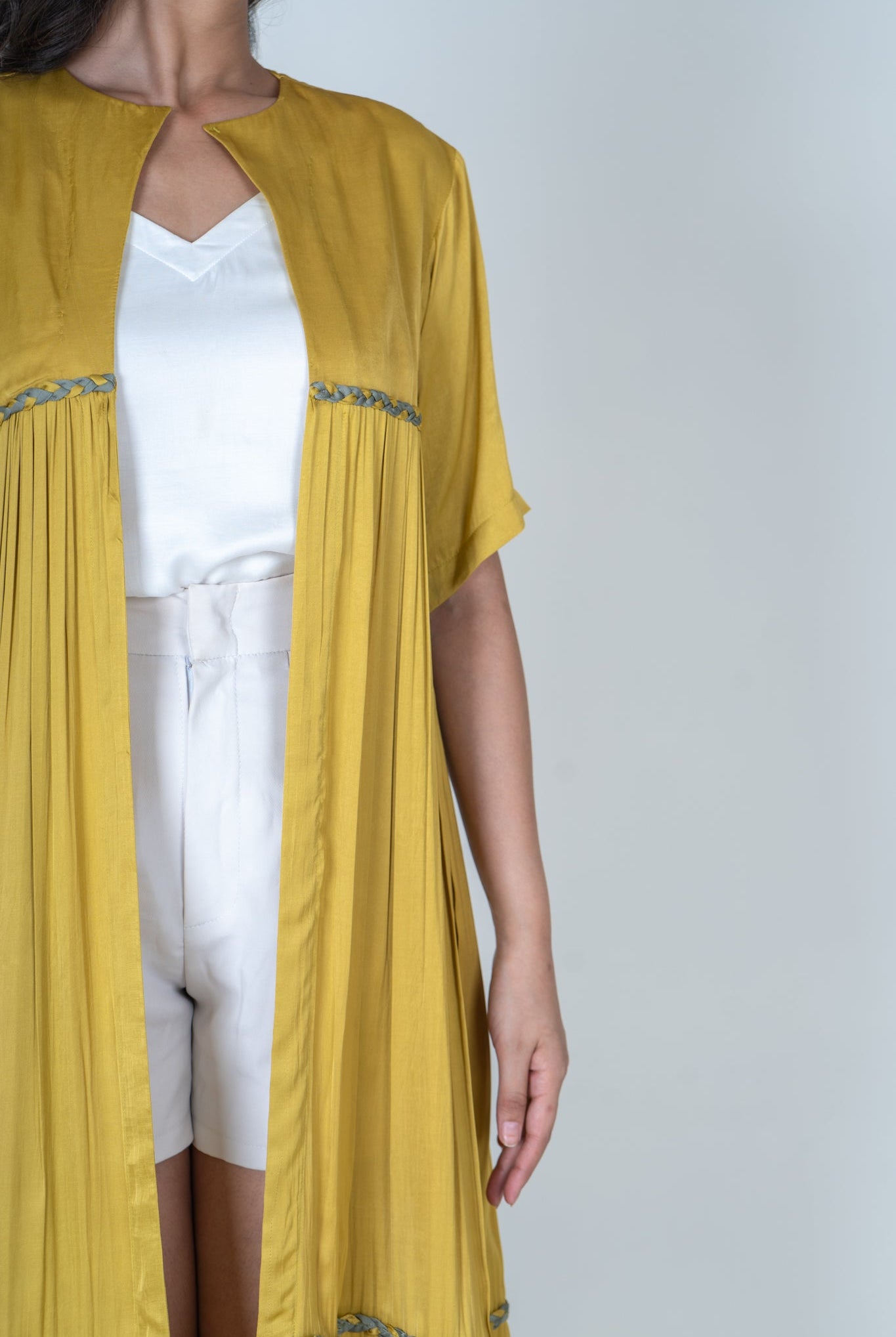 Yellow - Green Braided Gather Long Cape - CiceroniCapeNeora