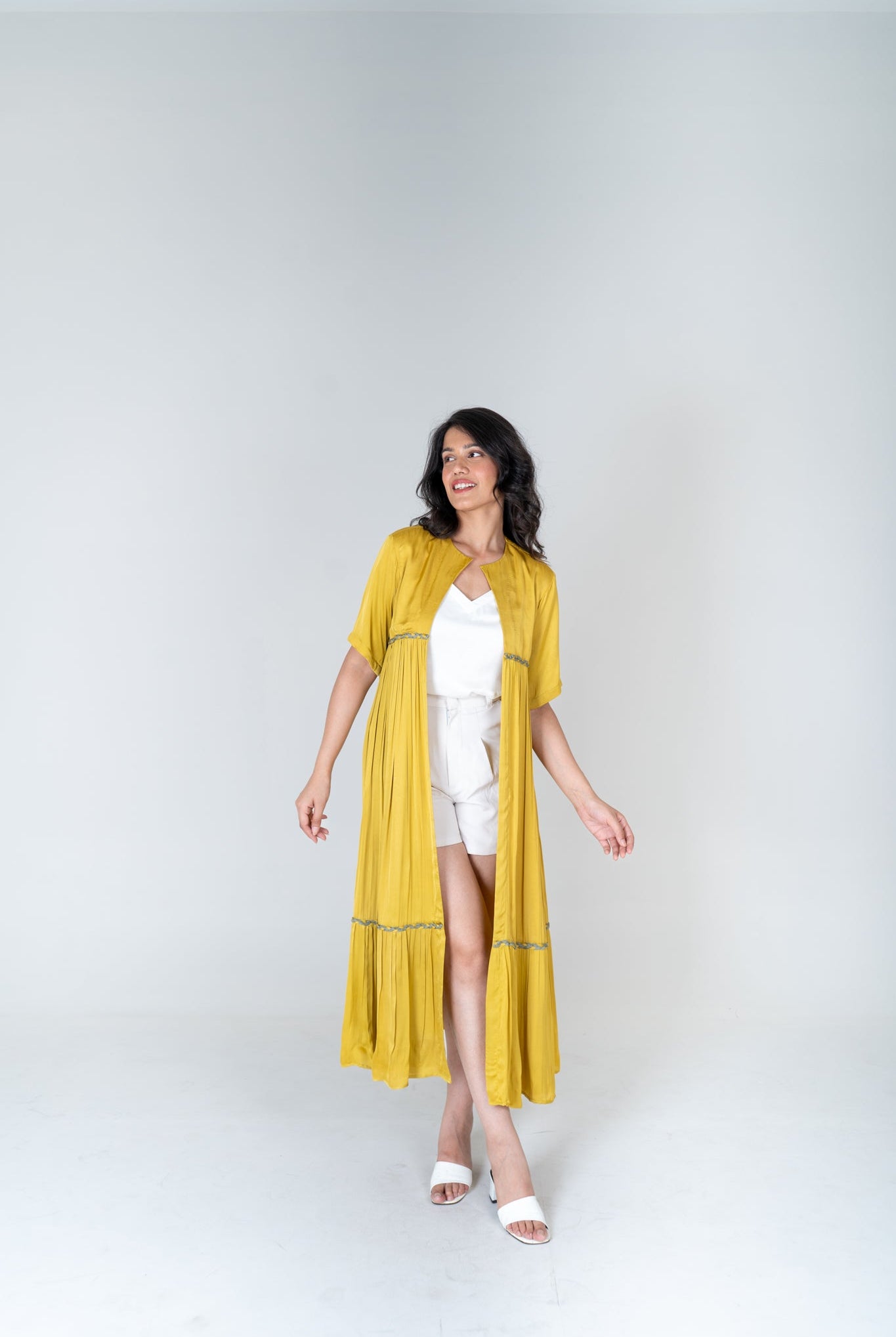 Yellow - Green Braided Gather Long Cape - CiceroniCapeNeora