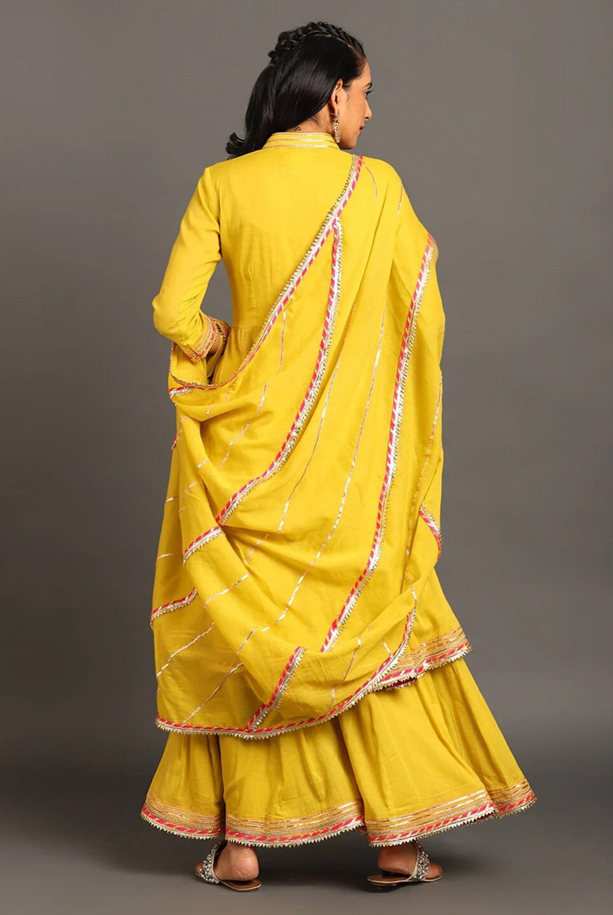 Yellow Jodha Anarkali Sharara Set - CiceroniKurta Set, Festive WearOmaana