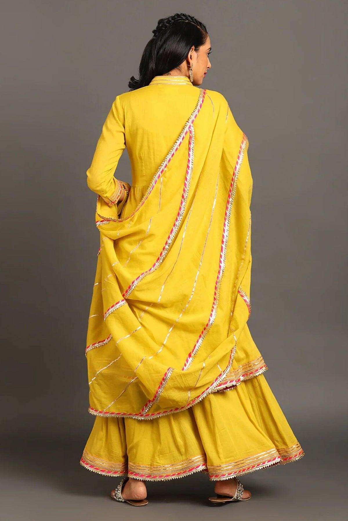 Yellow Jodha Anarkali Sharara Set - CiceroniKurta Set, Festive WearOmaana