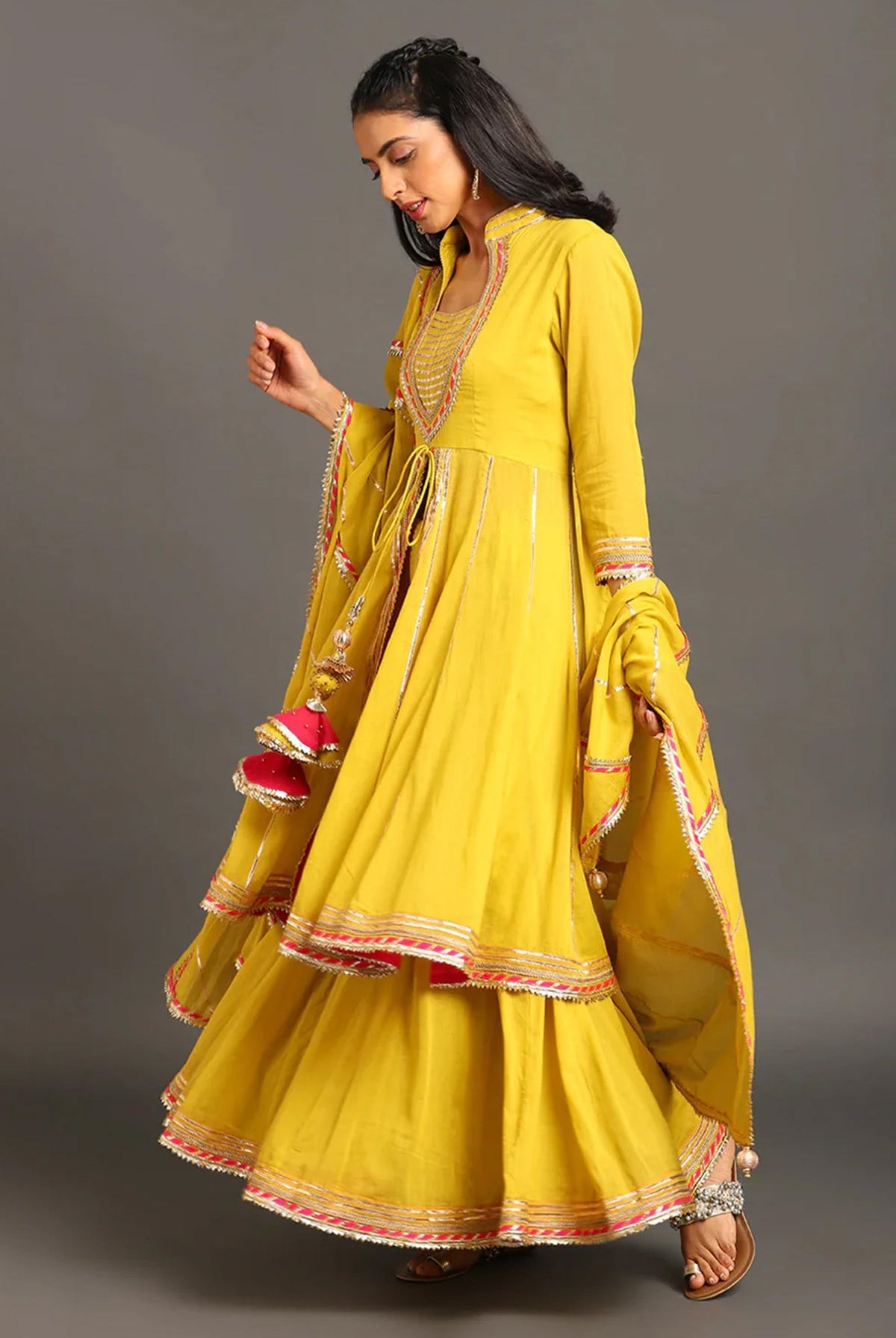 Yellow Jodha Anarkali Sharara Set - CiceroniKurta Set, Festive WearOmaana