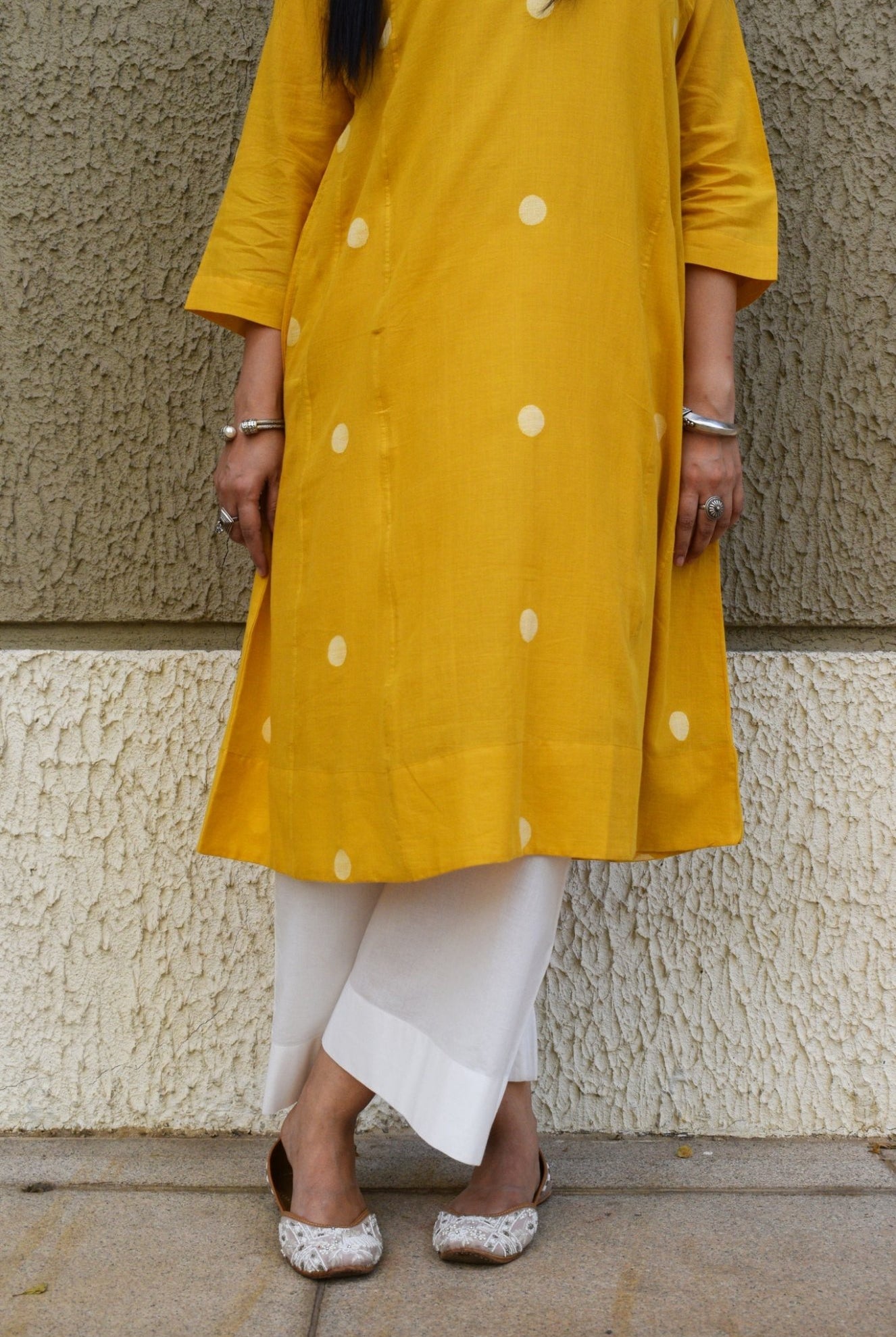 Yellow Polka Dot Jamdani Phiran with White Pyjama - CiceroniKurta Set, Everyday WearHouse of Moxa