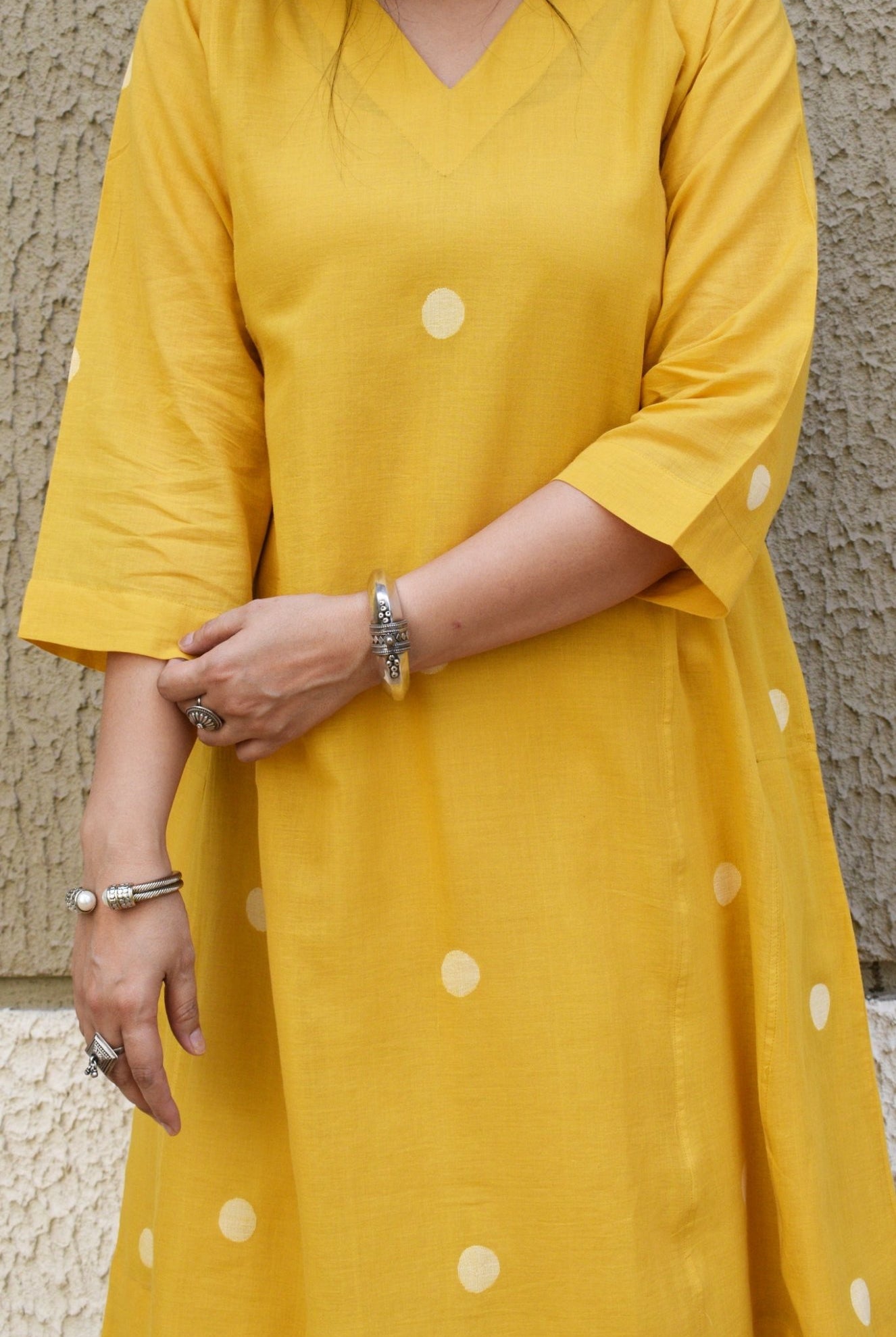 Yellow Polka Dot Jamdani Phiran with White Pyjama - CiceroniKurta Set, Everyday WearHouse of Moxa