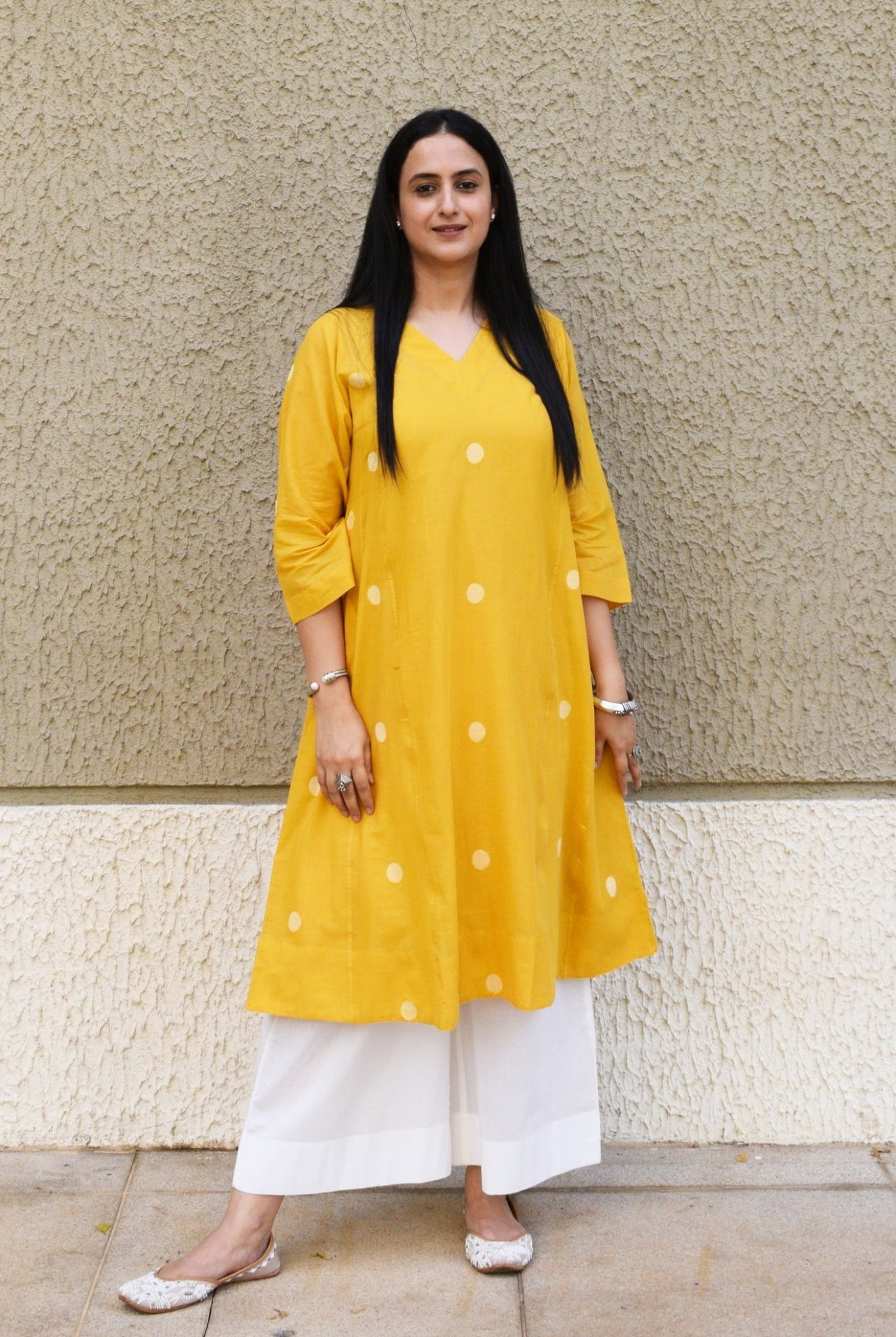 Yellow Polka Dot Jamdani Phiran with White Pyjama - CiceroniKurta Set, Everyday WearHouse of Moxa