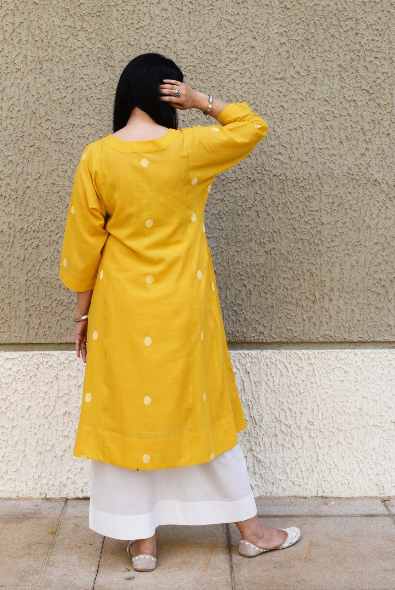 Yellow Polka Dot Jamdani Phiran with White Pyjama - CiceroniKurta Set, Everyday WearHouse of Moxa