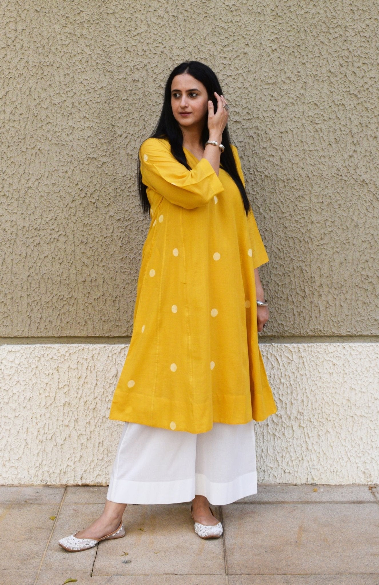 Yellow Polka Dot Jamdani Phiran with White Pyjama - CiceroniKurta Set, Everyday WearHouse of Moxa