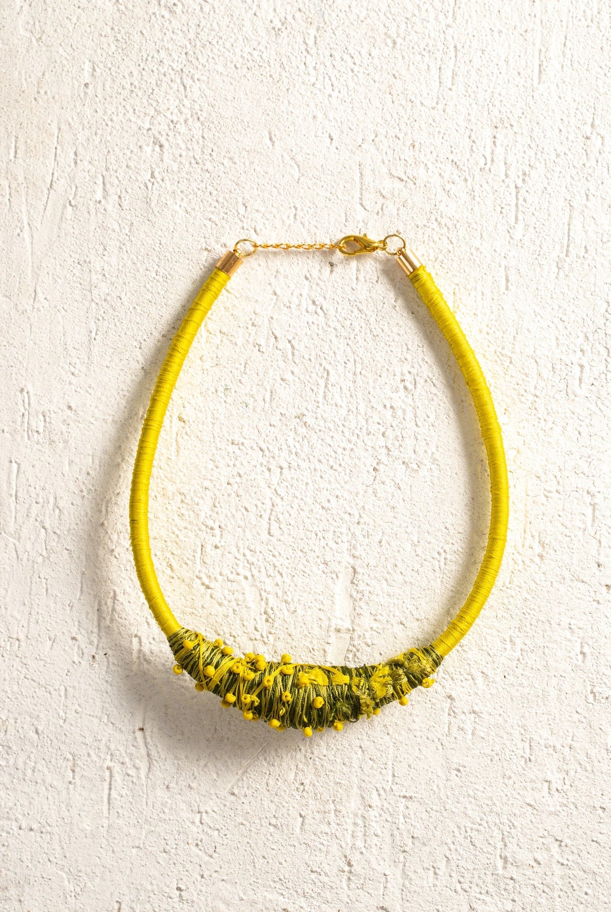 Yellow Thread Necklace with Olive Fuzzy Bib - CiceroniNeckpieceBoundless by Shilpi